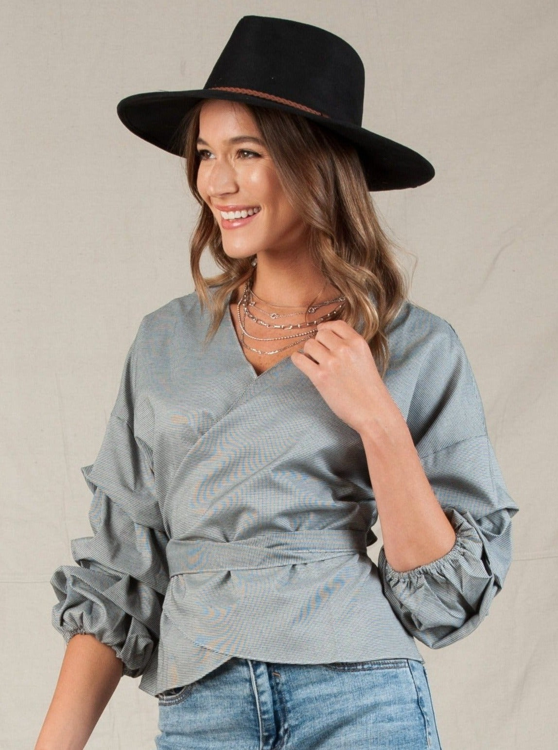 VENICE PINTUCK SLEEVE WRAP TOP-HOUNDSTOOTH