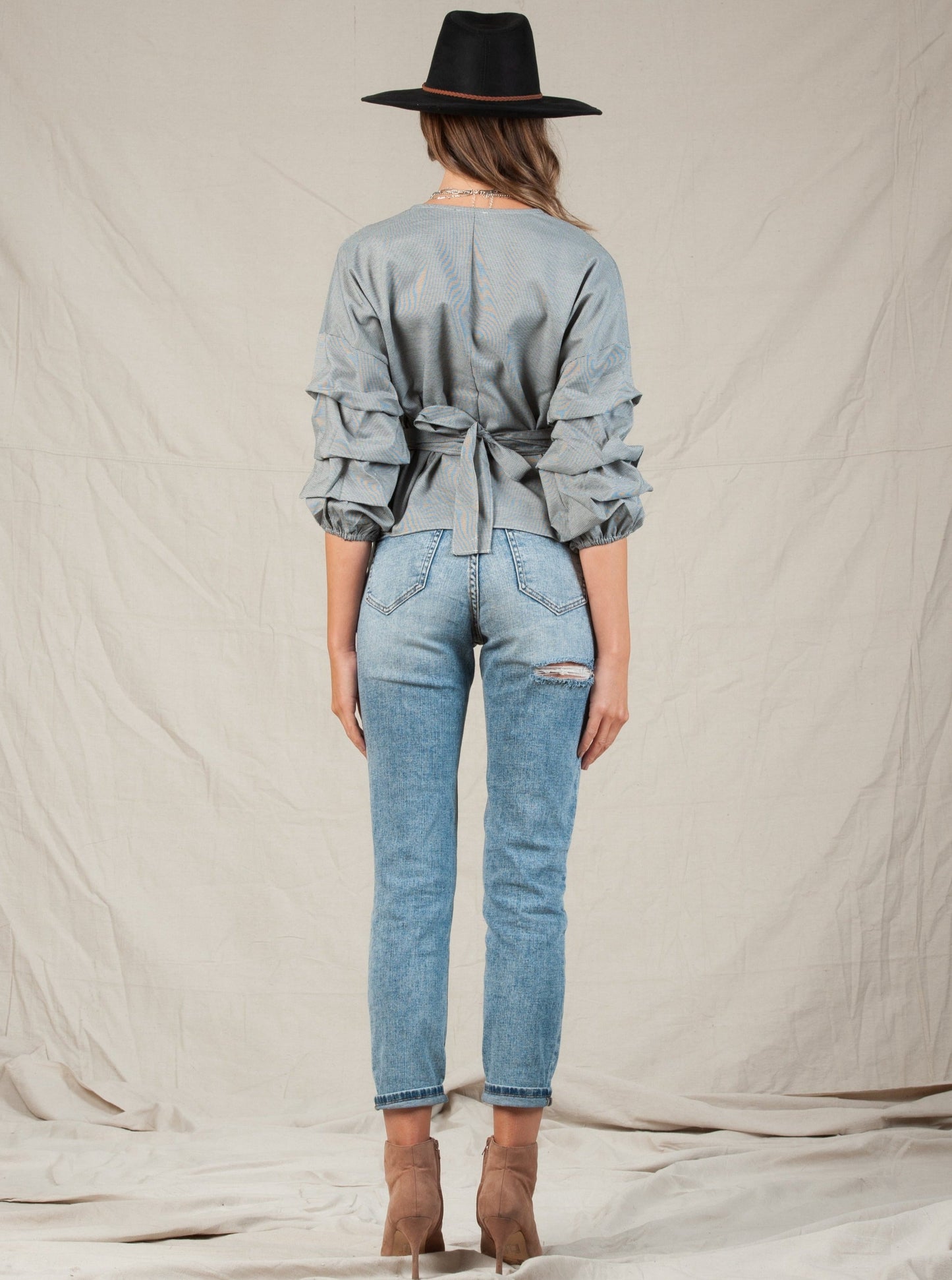 VENICE PINTUCK SLEEVE WRAP TOP-HOUNDSTOOTH