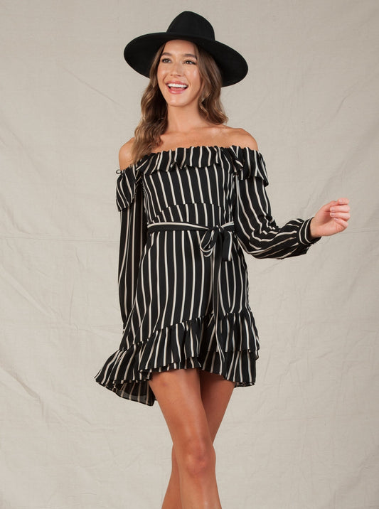 SYRACUSE RUFFLE DRESS-BLACK TAN STRIPE