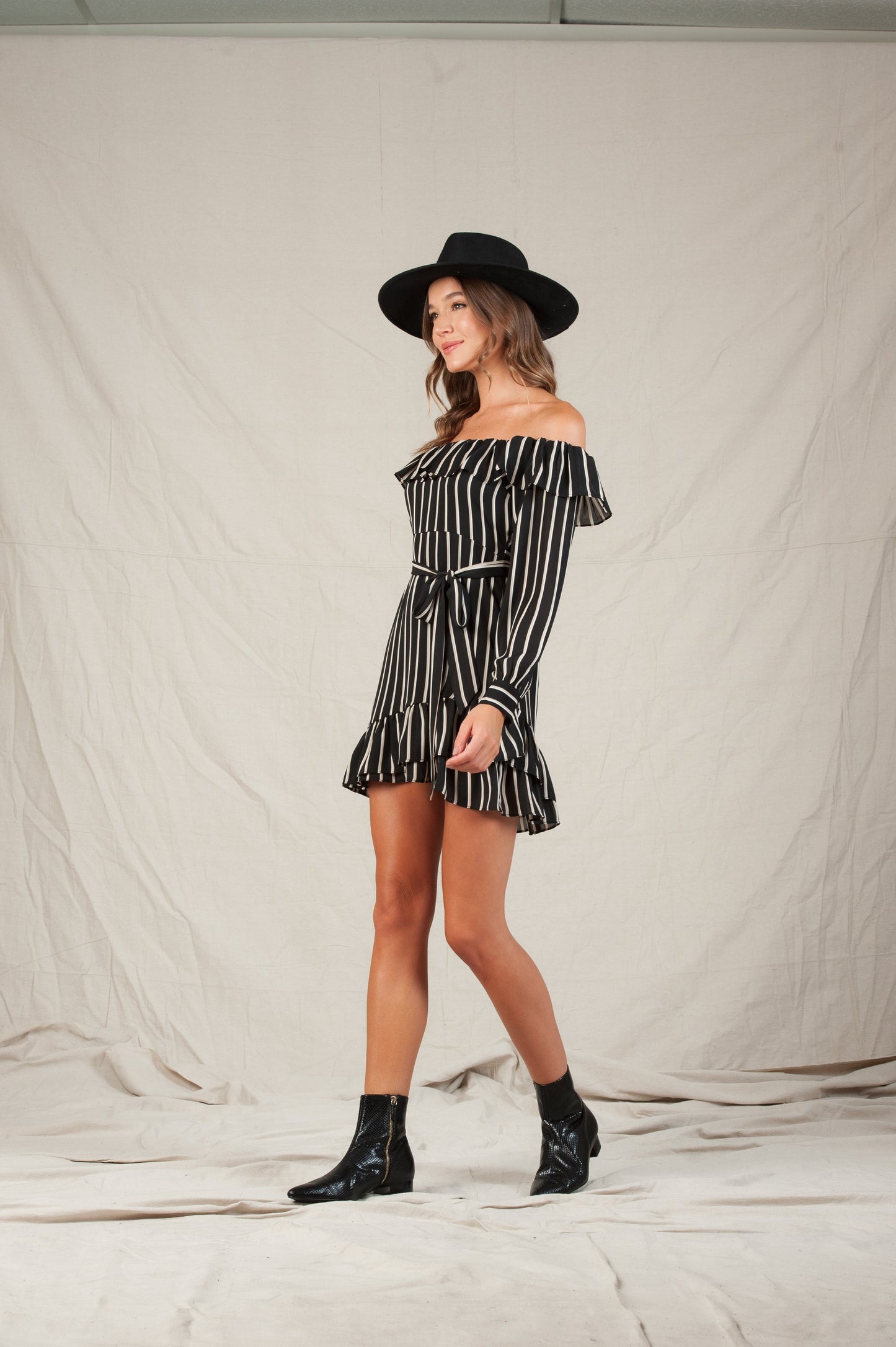 SYRACUSE RUFFLE DRESS | BLACK TAN STRIPE