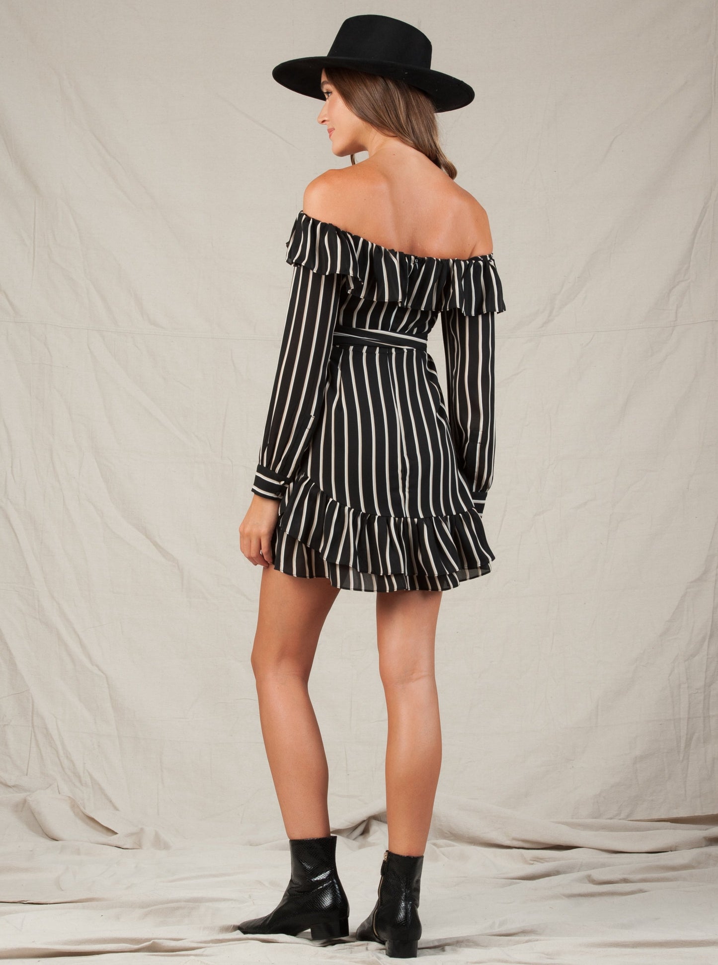 SYRACUSE RUFFLE DRESS-BLACK TAN STRIPE