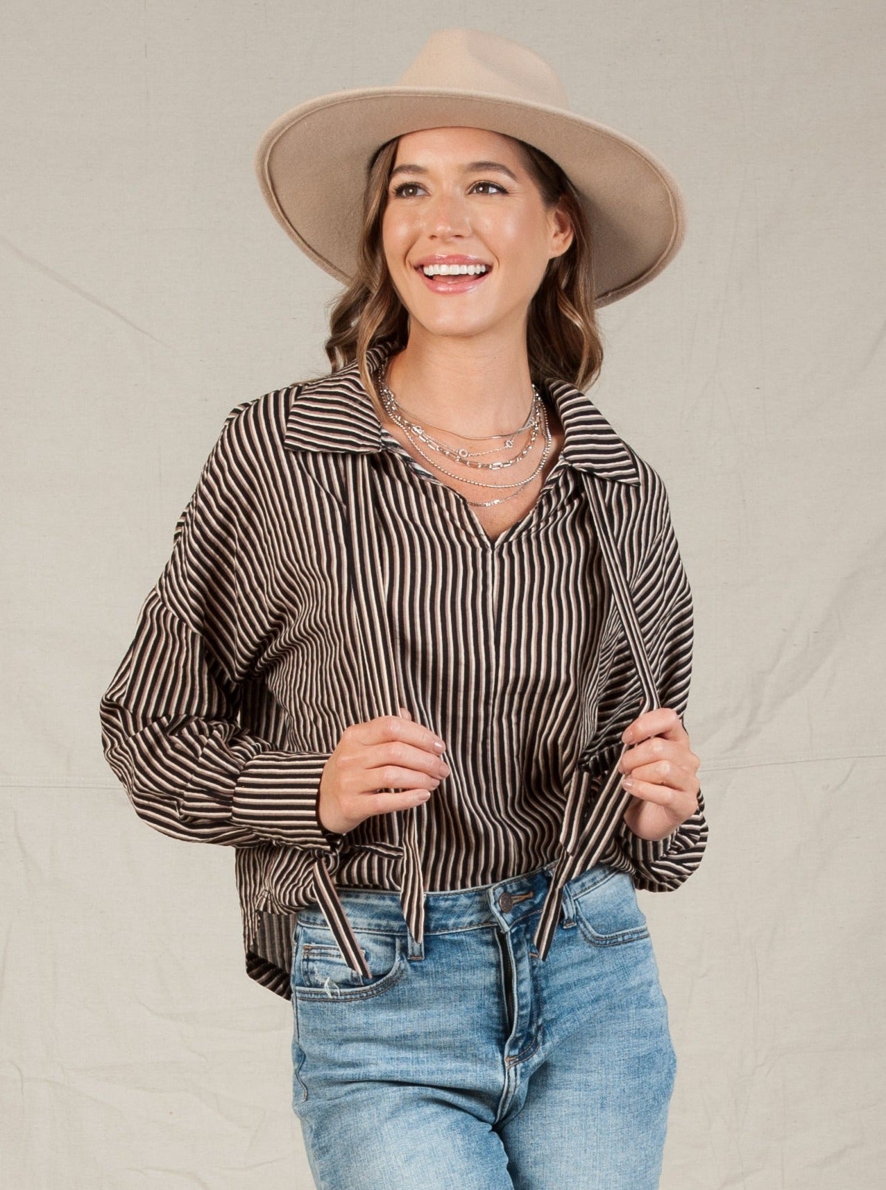 NANI COLLAR BLOUSE-BLACK MULTISTRIPE