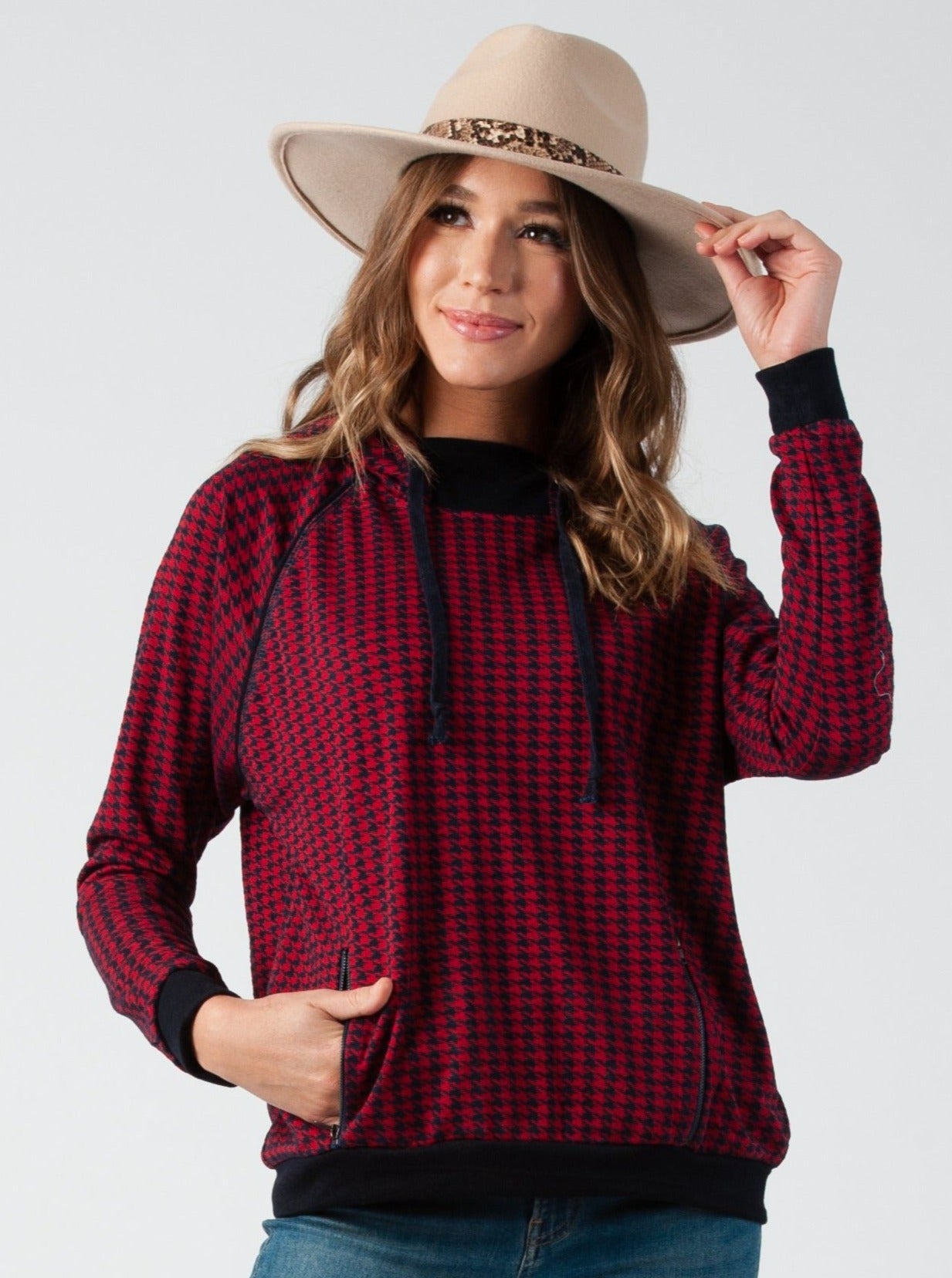 LIGHTWEIGHT HOUNDSTOOTH HOODIE-RED/NAVY