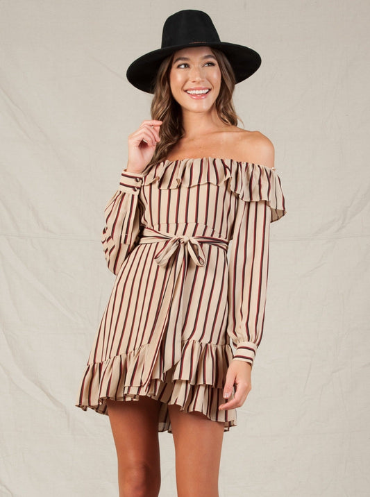 SYRACUSE RUFFLE DRESS-TAN AUBURN STRIPE