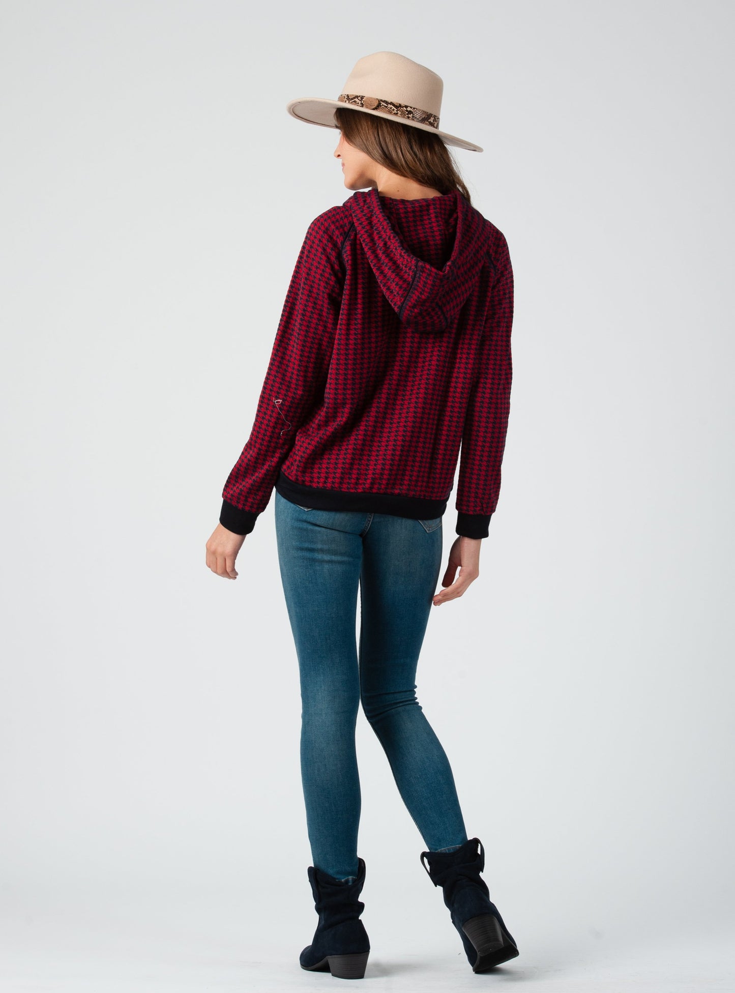 LIGHTWEIGHT HOUNDSTOOTH HOODIE-RED/NAVY