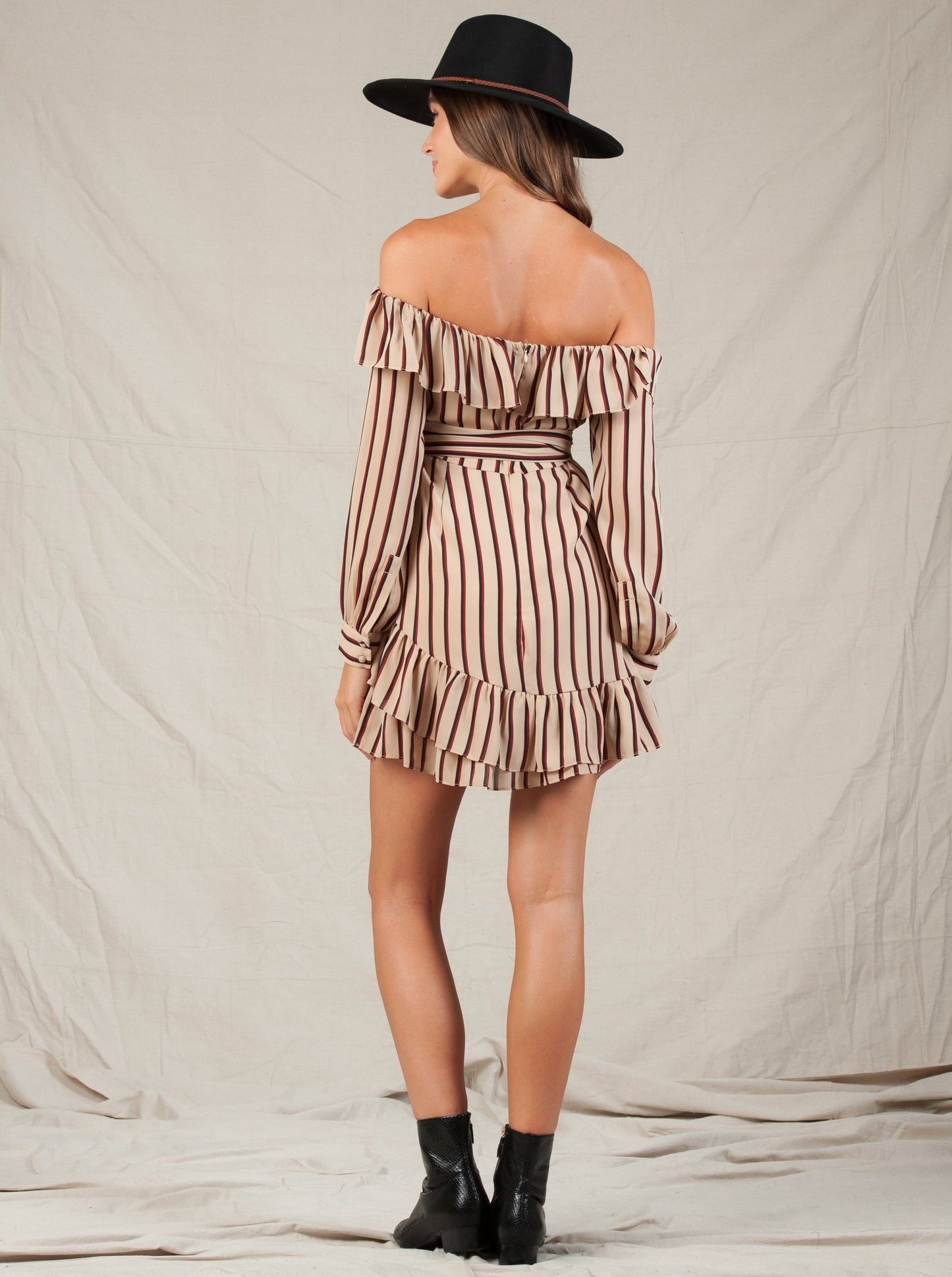SYRACUSE RUFFLE DRESS-TAN AUBURN STRIPE