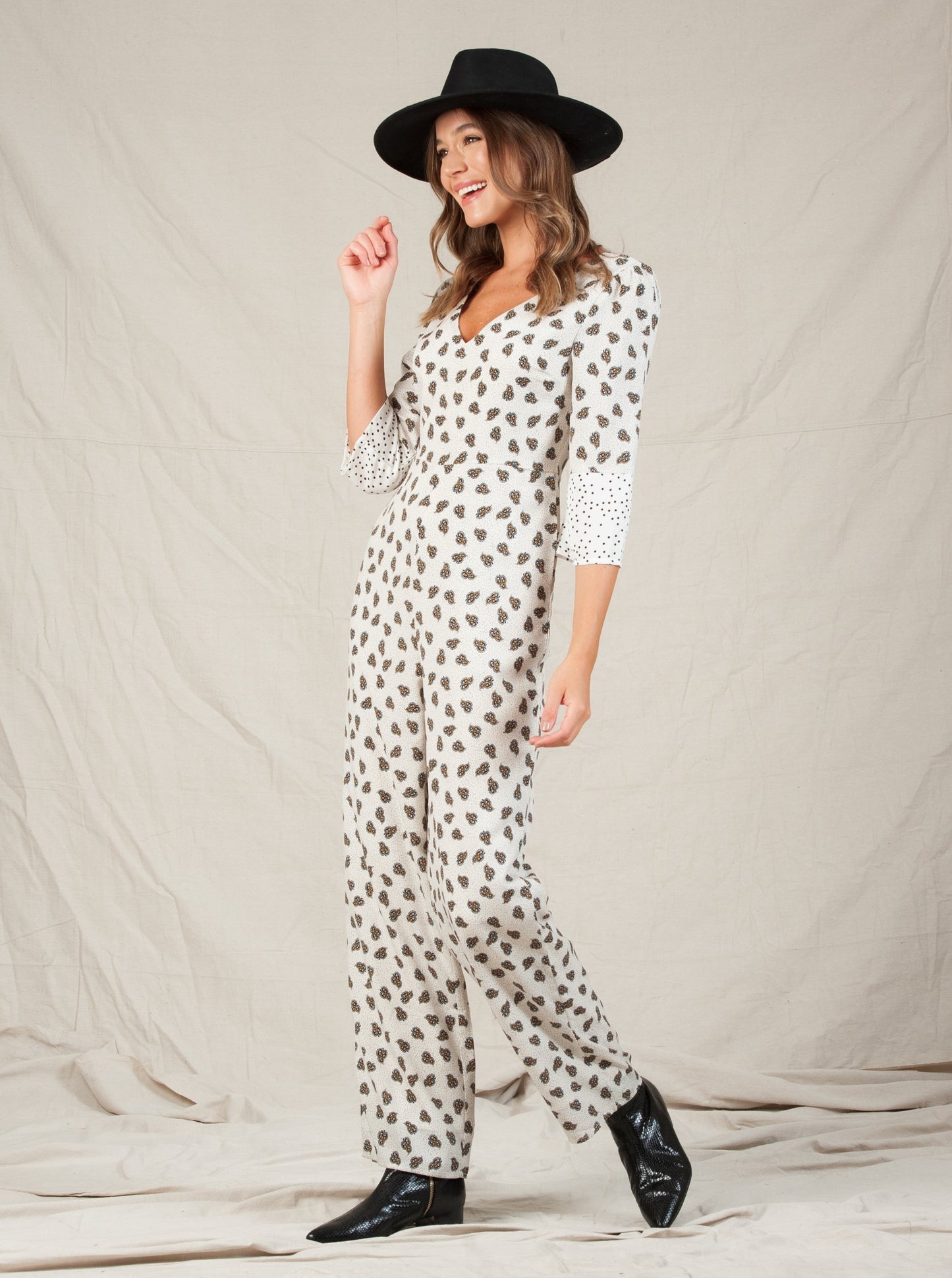 CHAYA V-NECK JUMPSUIT-CREAM MULTI DOT