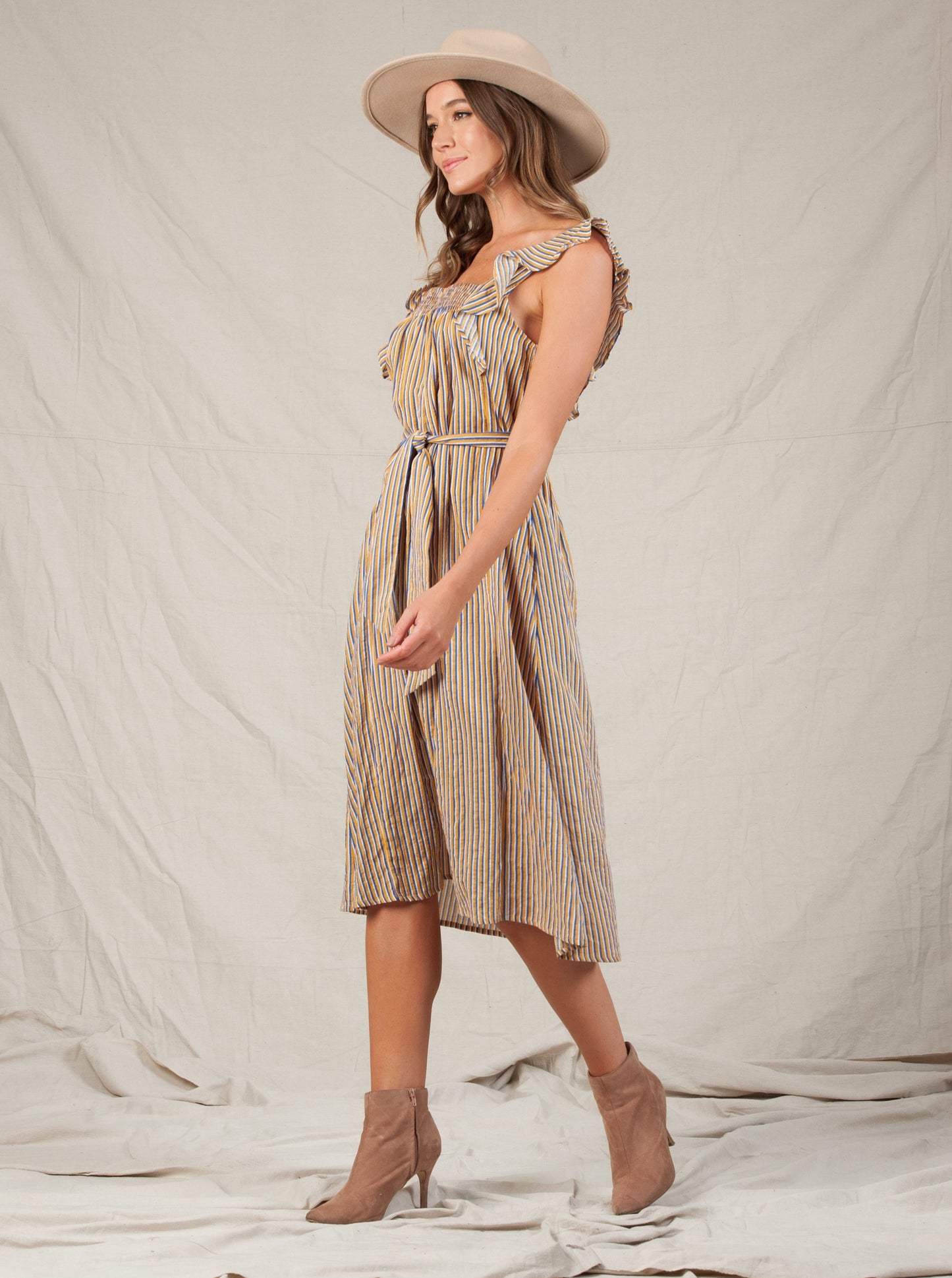 KALANI RUFFLE-STRAP TIE DRESS-MUSTARD MULTISTRIPE