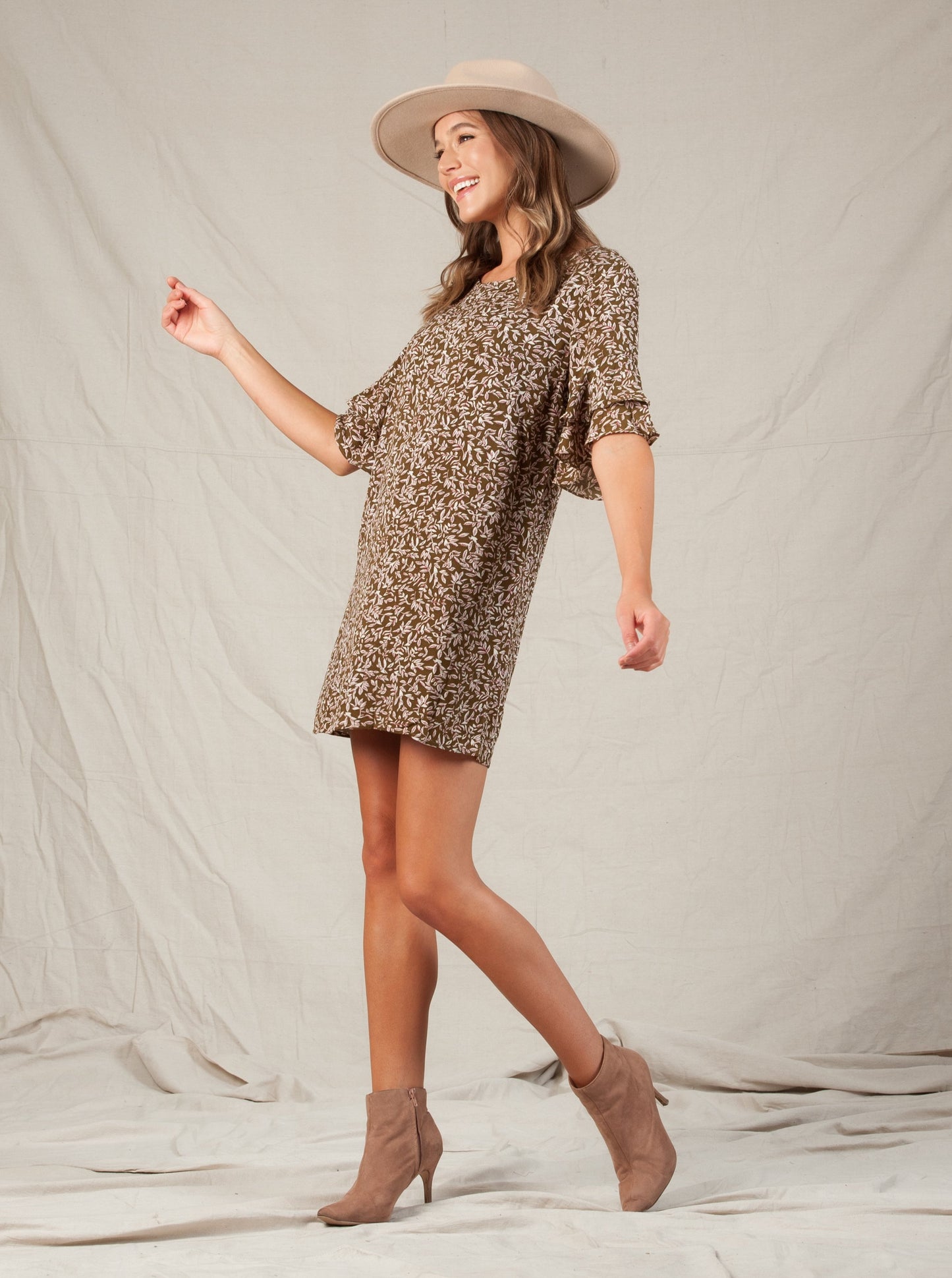 ANNABELLA TIERED SHIFT DRESS-OLIVE LEAF