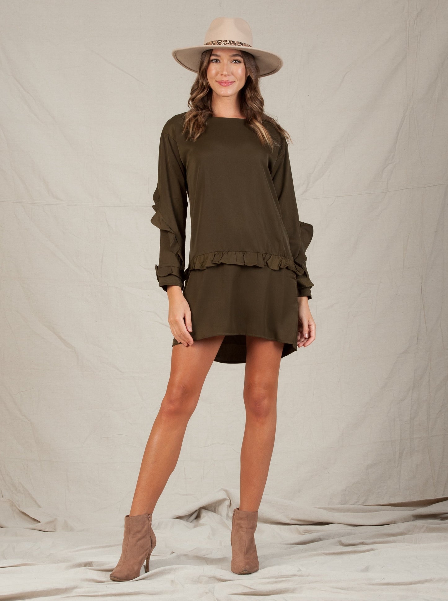 NOVA RUFFLE SHIFT DRESS-OLIVE
