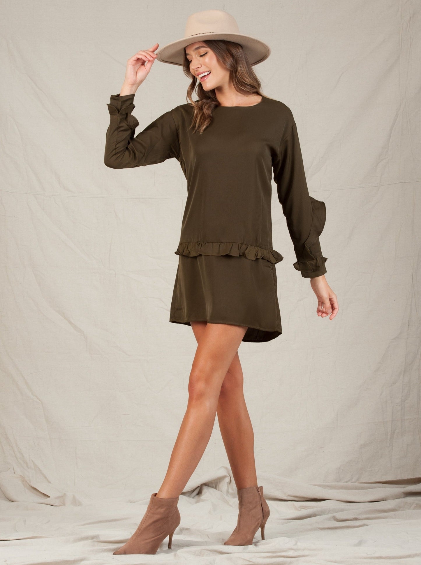NOVA RUFFLE SHIFT DRESS-OLIVE
