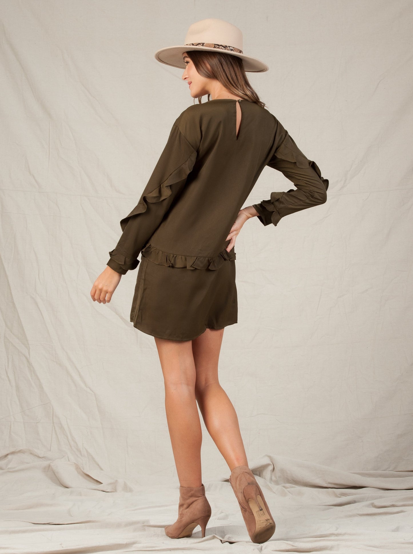 NOVA RUFFLE SHIFT DRESS-OLIVE