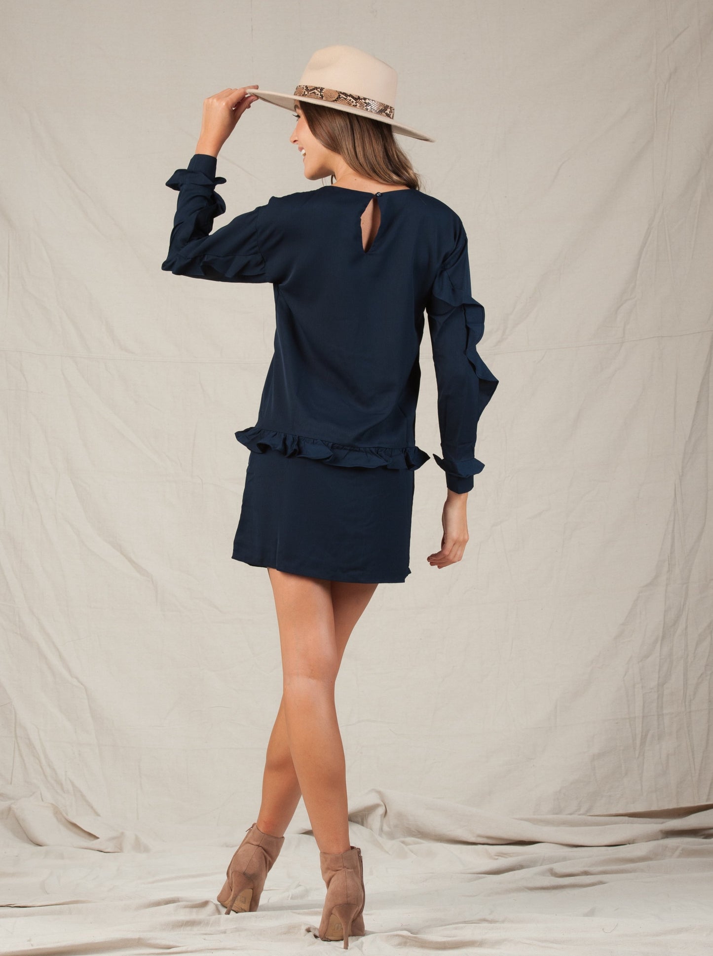 NOVA RUFFLE SHIFT DRESS-NAVY
