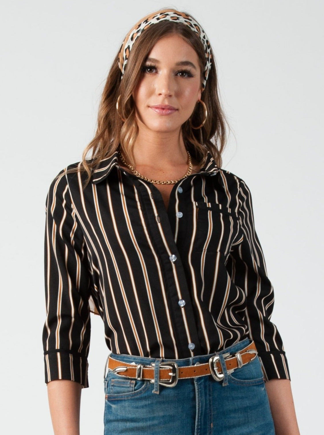 PAJAMA BUTTON DOWN BLOUSE-BLACK STRIPE