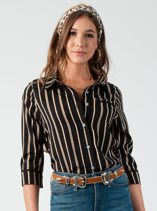 PAJAMA BUTTON DOWN BLOUSE-BLACK STRIPE