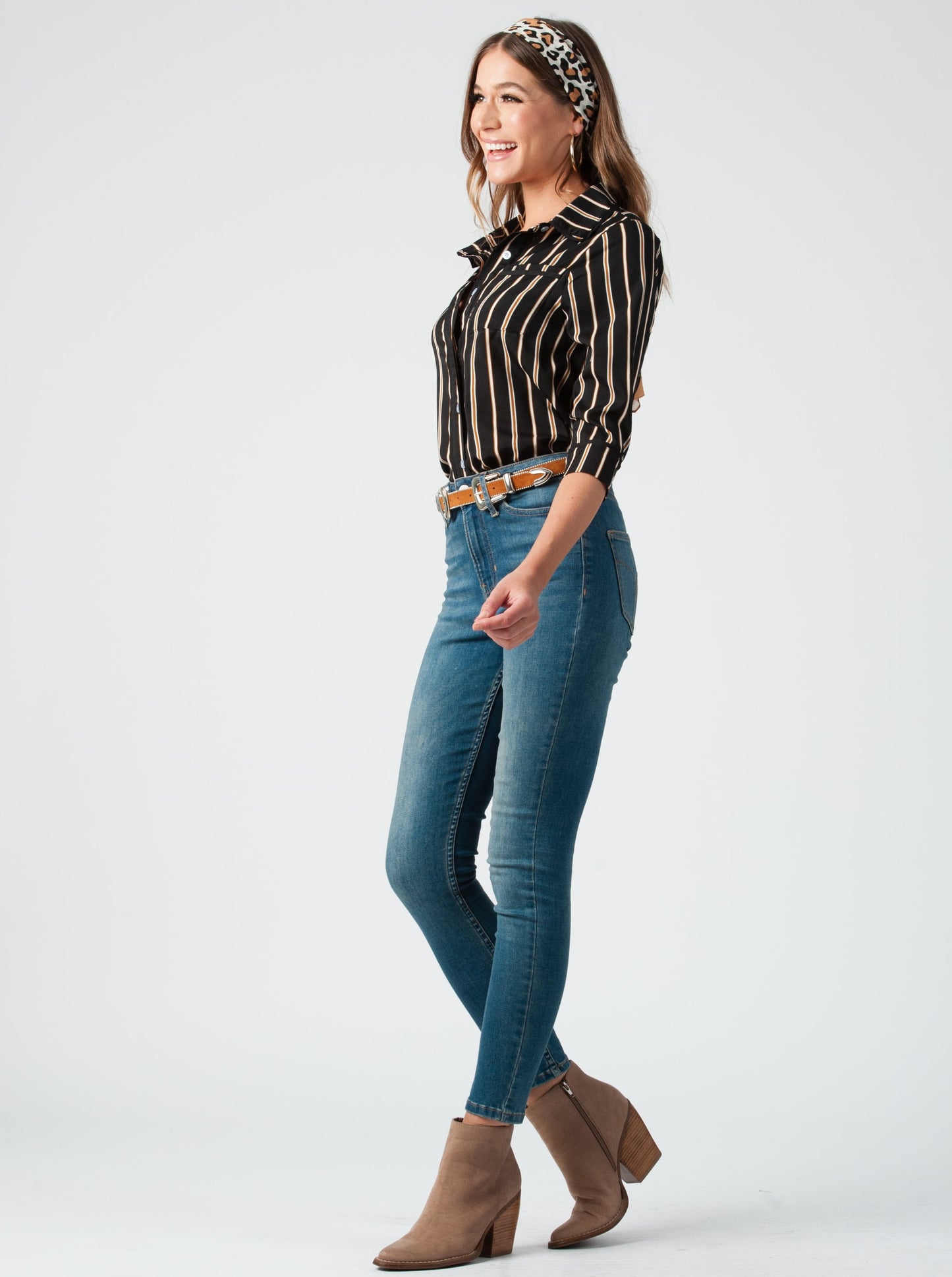 PAJAMA BUTTON DOWN BLOUSE-BLACK STRIPE