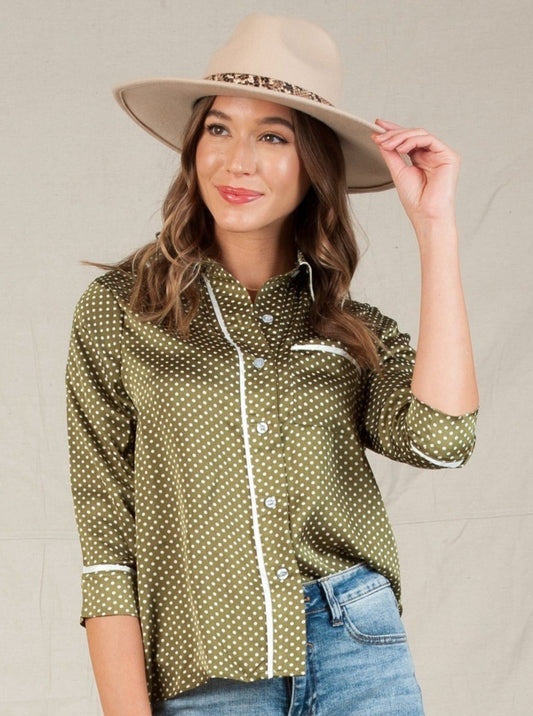 PAJAMA BUTTON DOWN BLOUSE-OLIVE POLKA DOT