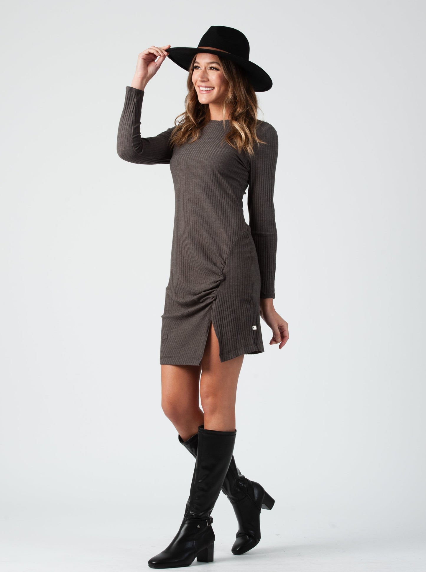 AUSTYN LS RUCHED DRESS-EARL GREY