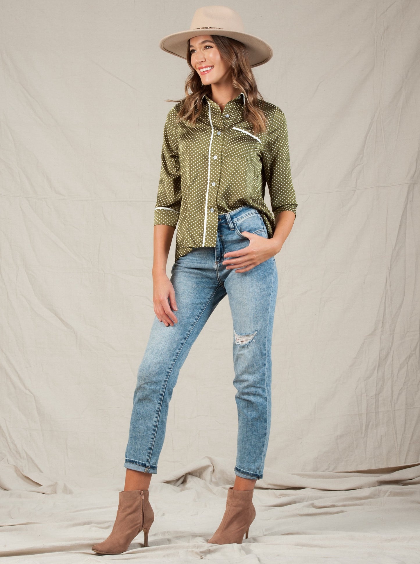 PAJAMA BUTTON DOWN BLOUSE-OLIVE POLKA DOT