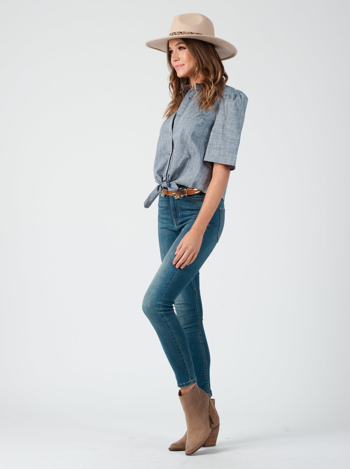 BLOSSOM TIE FRONT TOP-NAVY LINEN