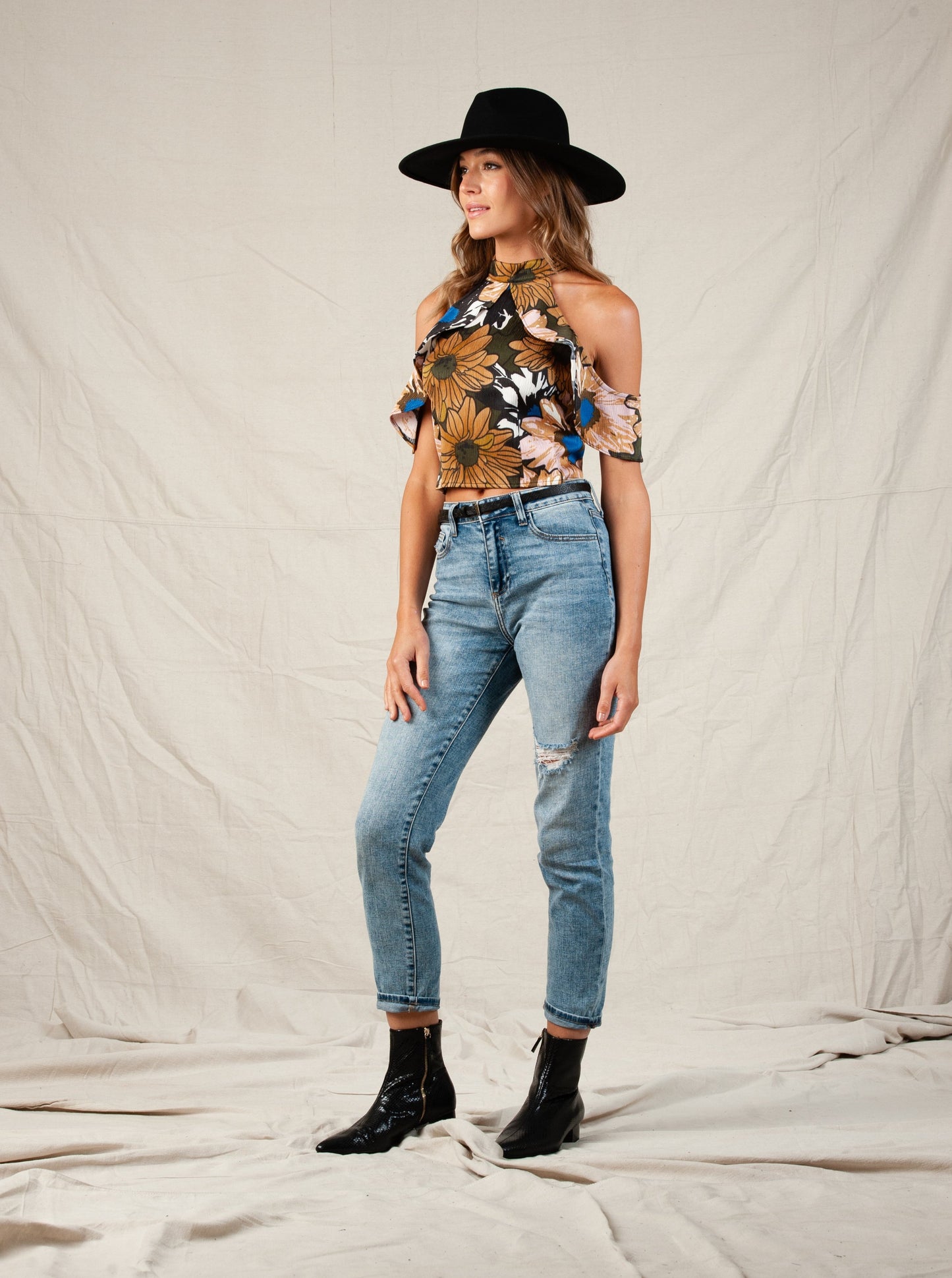 ARIA COLD SHOULDER CROP TOP-BLACK TAUPE FLORAL