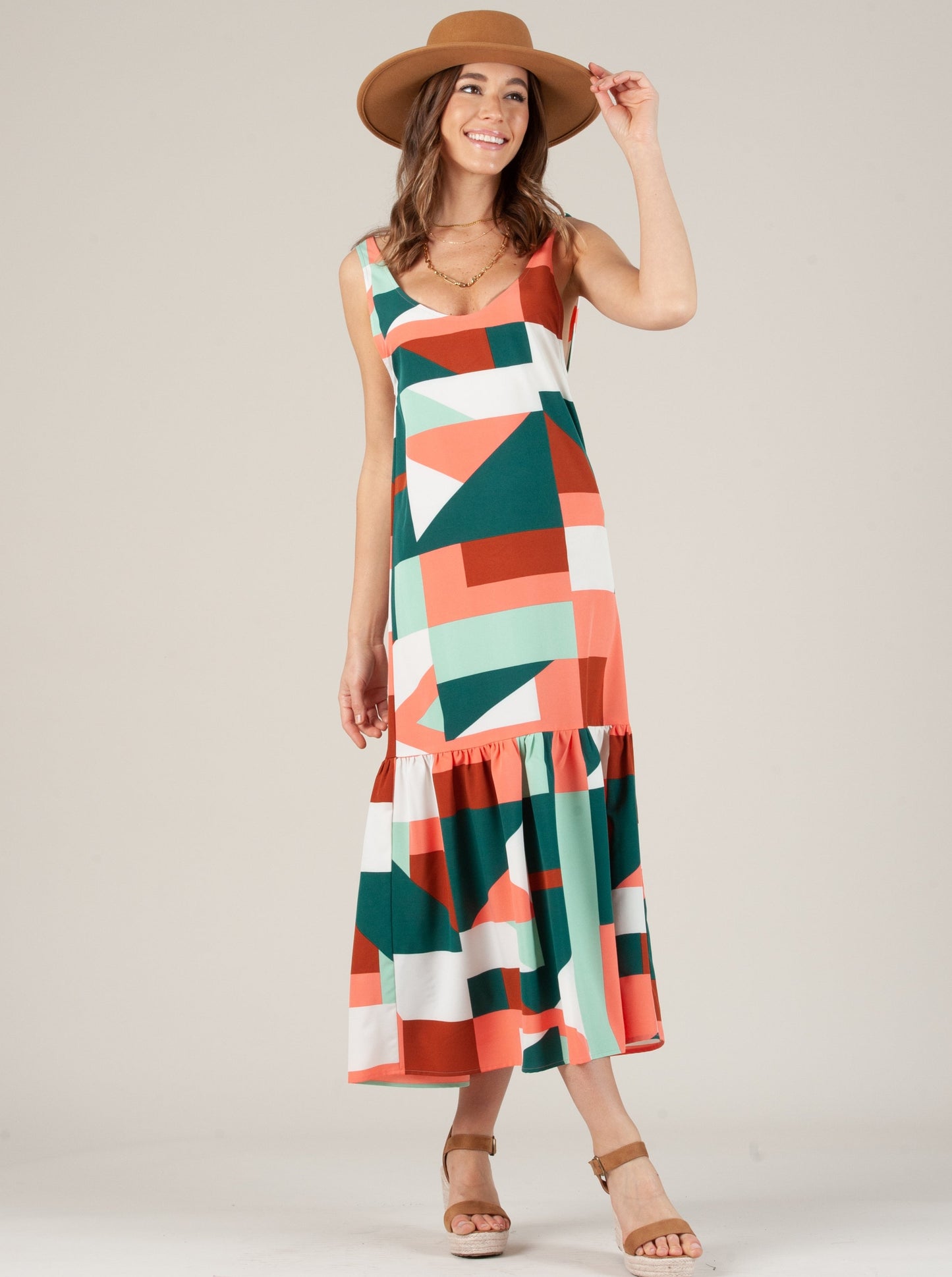 EMBER LOW BACK RUFFLE HEM DRESS-GREEN CORAL GEO