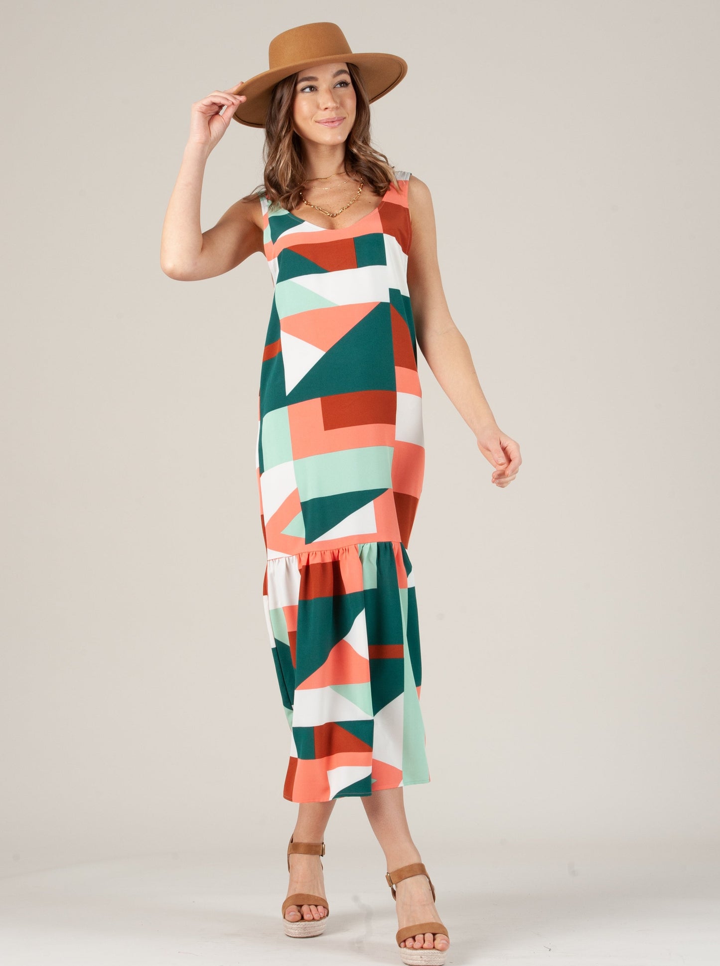 EMBER LOW BACK RUFFLE HEM DRESS-GREEN CORAL GEO