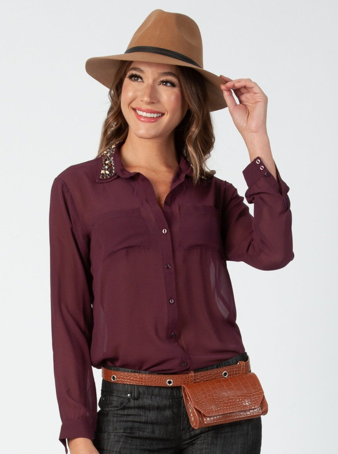 FAYE JEWELED COLLAR BLOUSE-DEEP PLUM