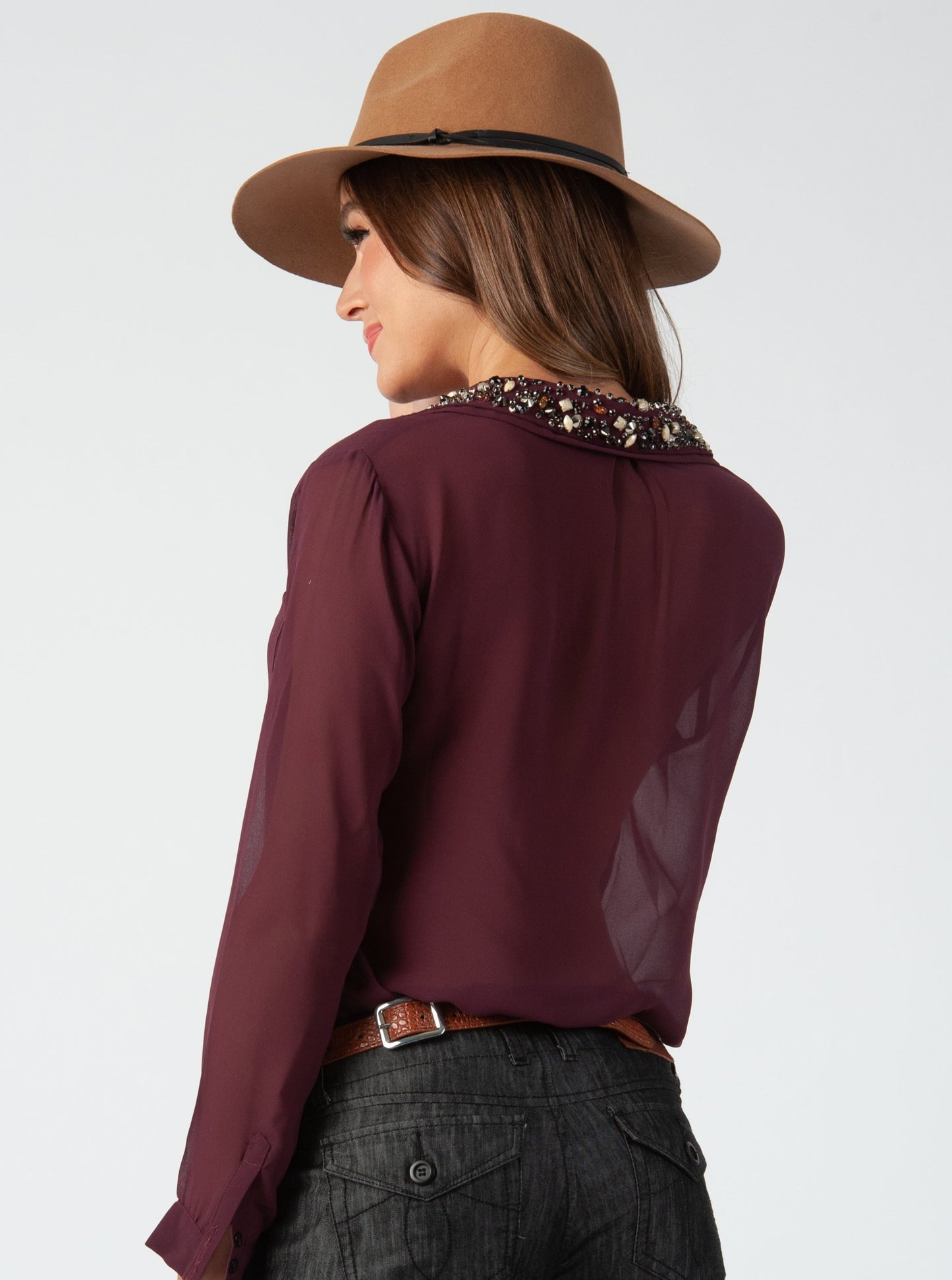 FAYE JEWELED COLLAR BLOUSE-DEEP PLUM