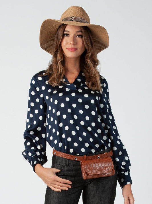 MAYFLOWER CUFFED BLOUSE-NAVY POLKA DOT