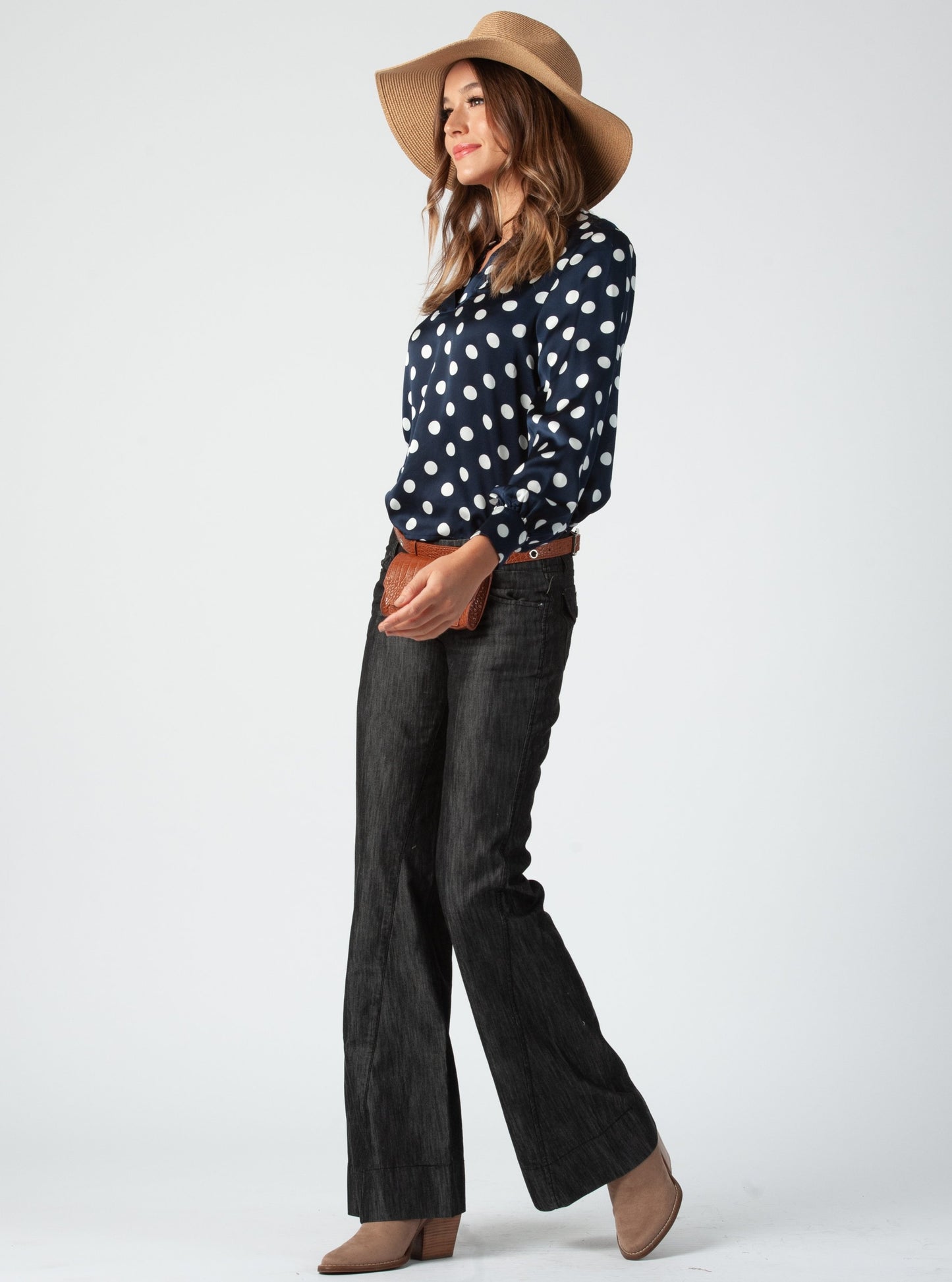 MAYFLOWER CUFFED BLOUSE-NAVY POLKA DOT