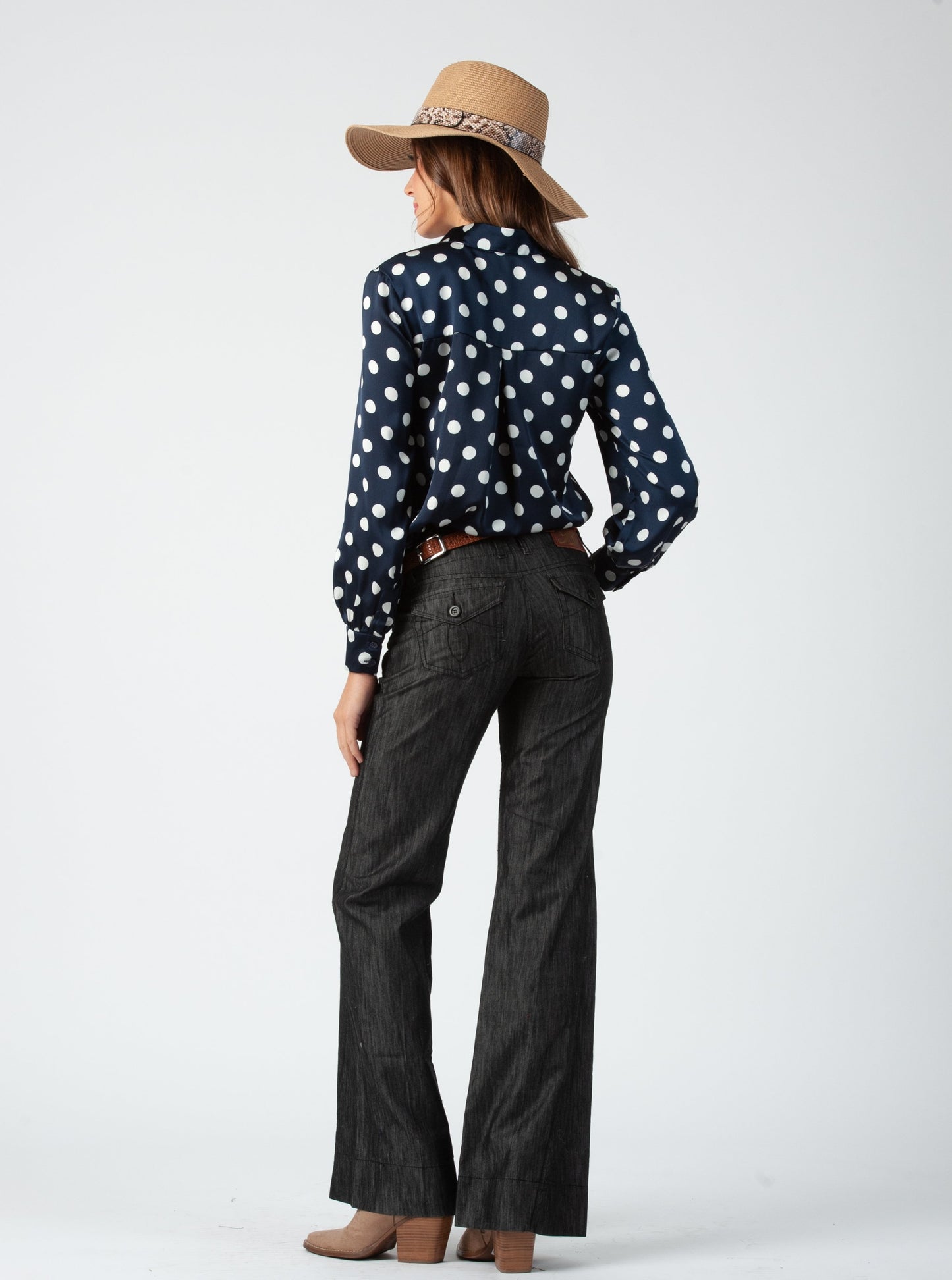 MAYFLOWER CUFFED BLOUSE-NAVY POLKA DOT