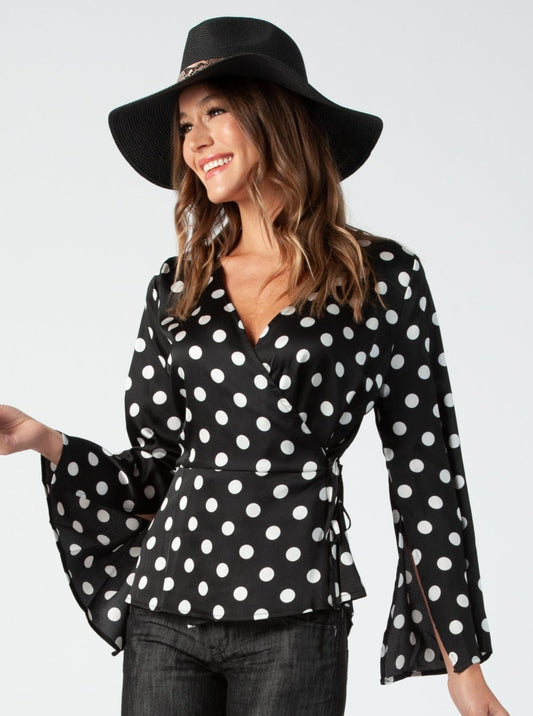 GENOA WRAP BLOUSE-BLACK POLKA DOT