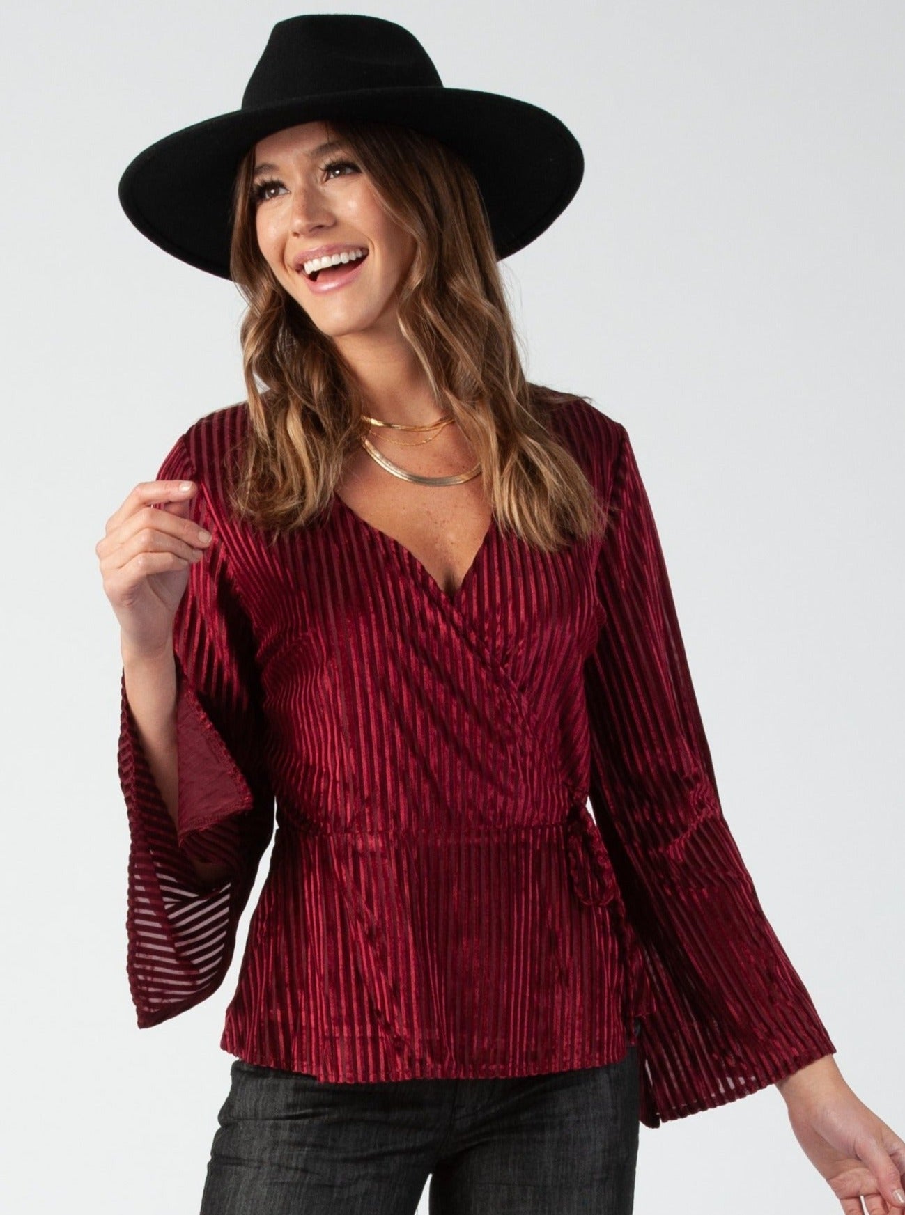 GENOA WRAP BLOUSE-MERLOT STRIPE