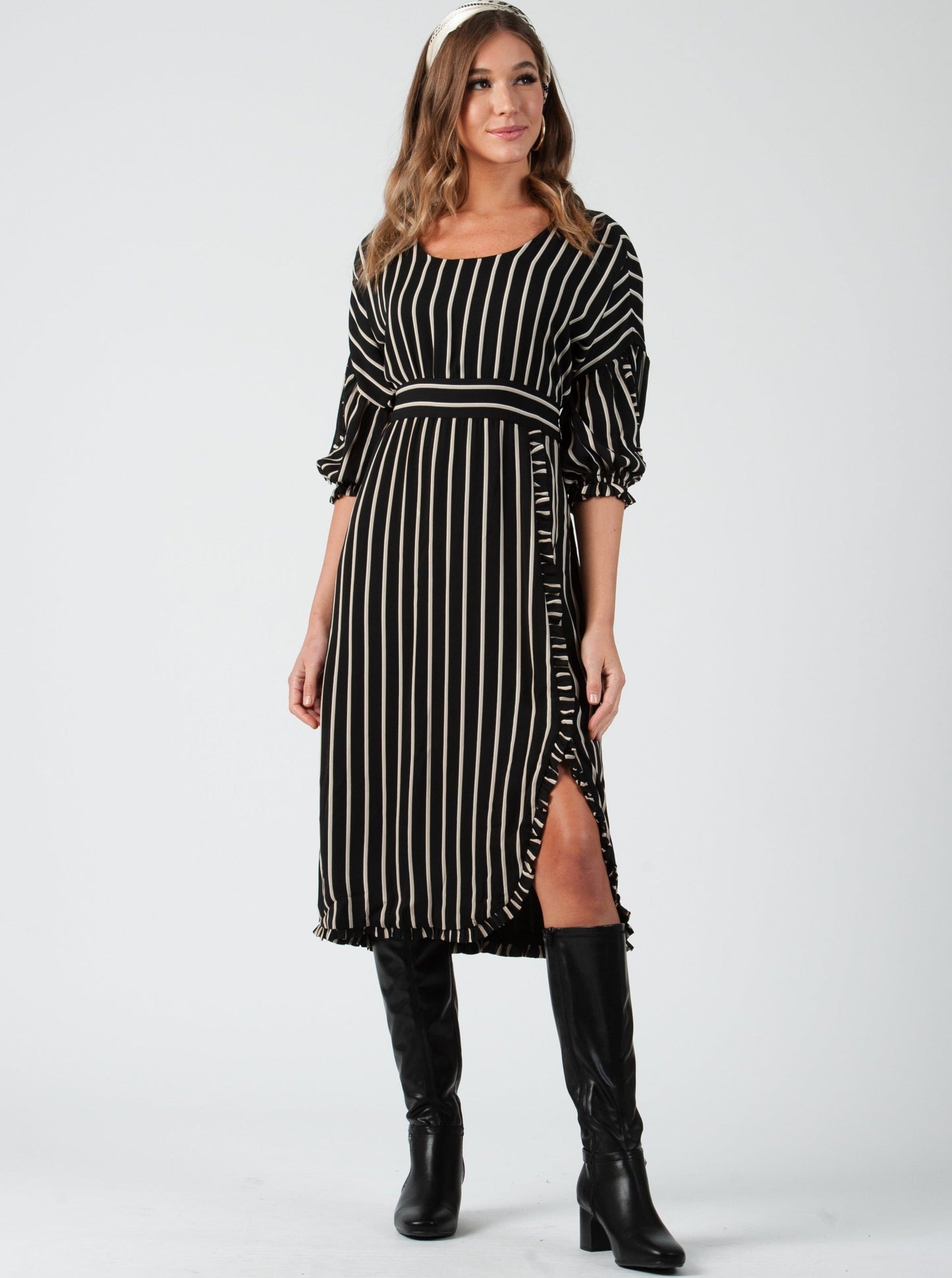 LENOX RUFFLED MAXI DRESS-BLACK TAN STRIPE