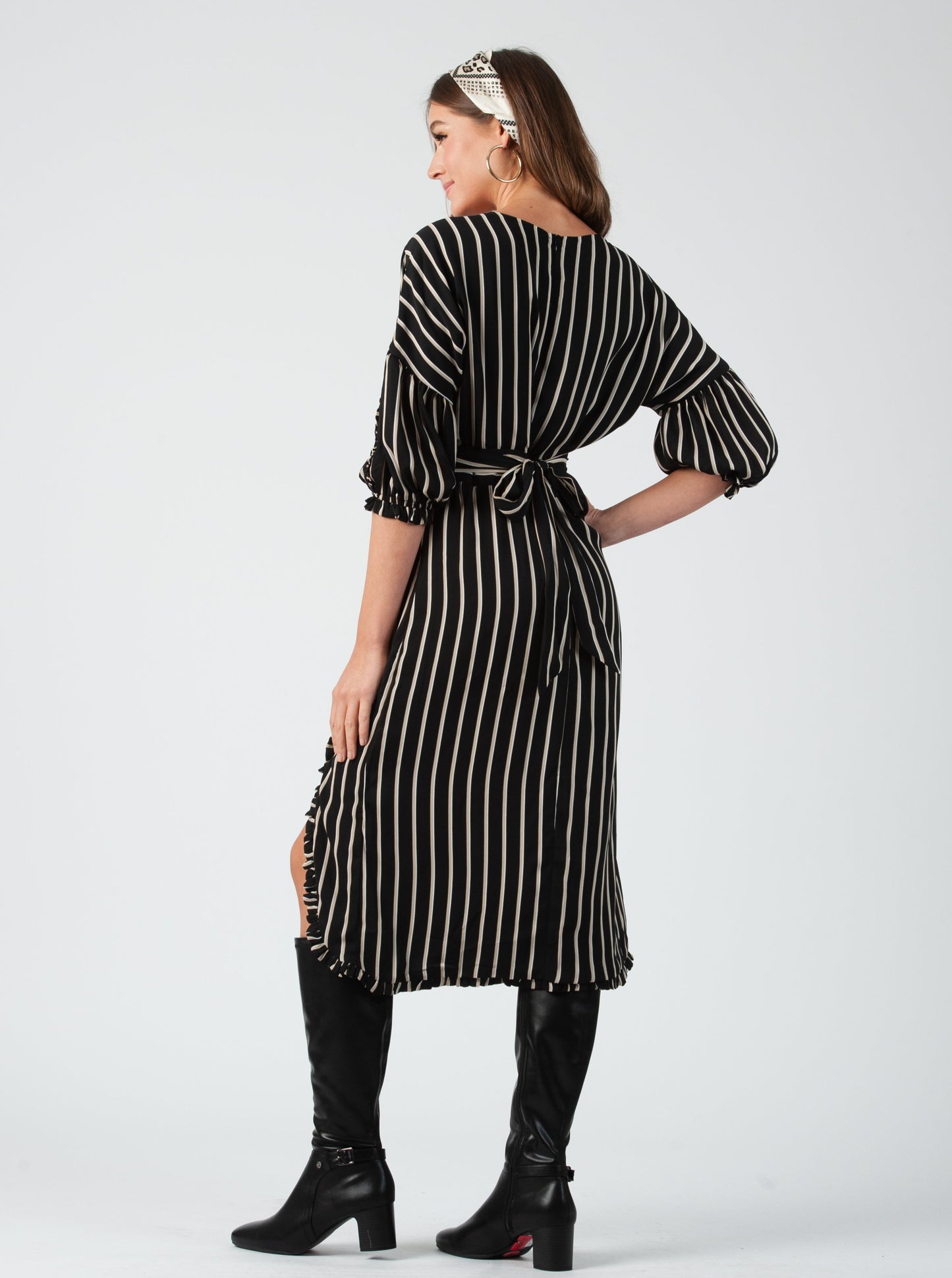 LENOX RUFFLED MAXI DRESS-BLACK TAN STRIPE