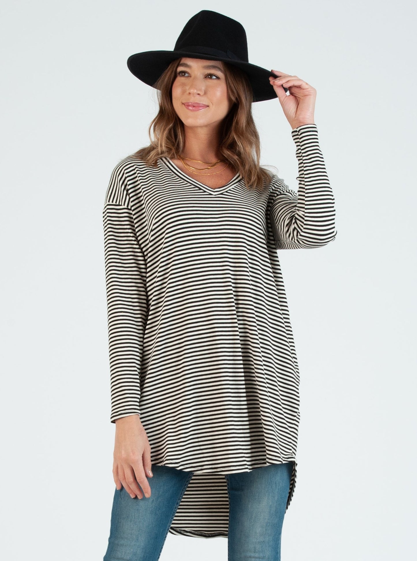 LINDA DROP SHOULDER TUNIC-WHT/BLK RIB STR