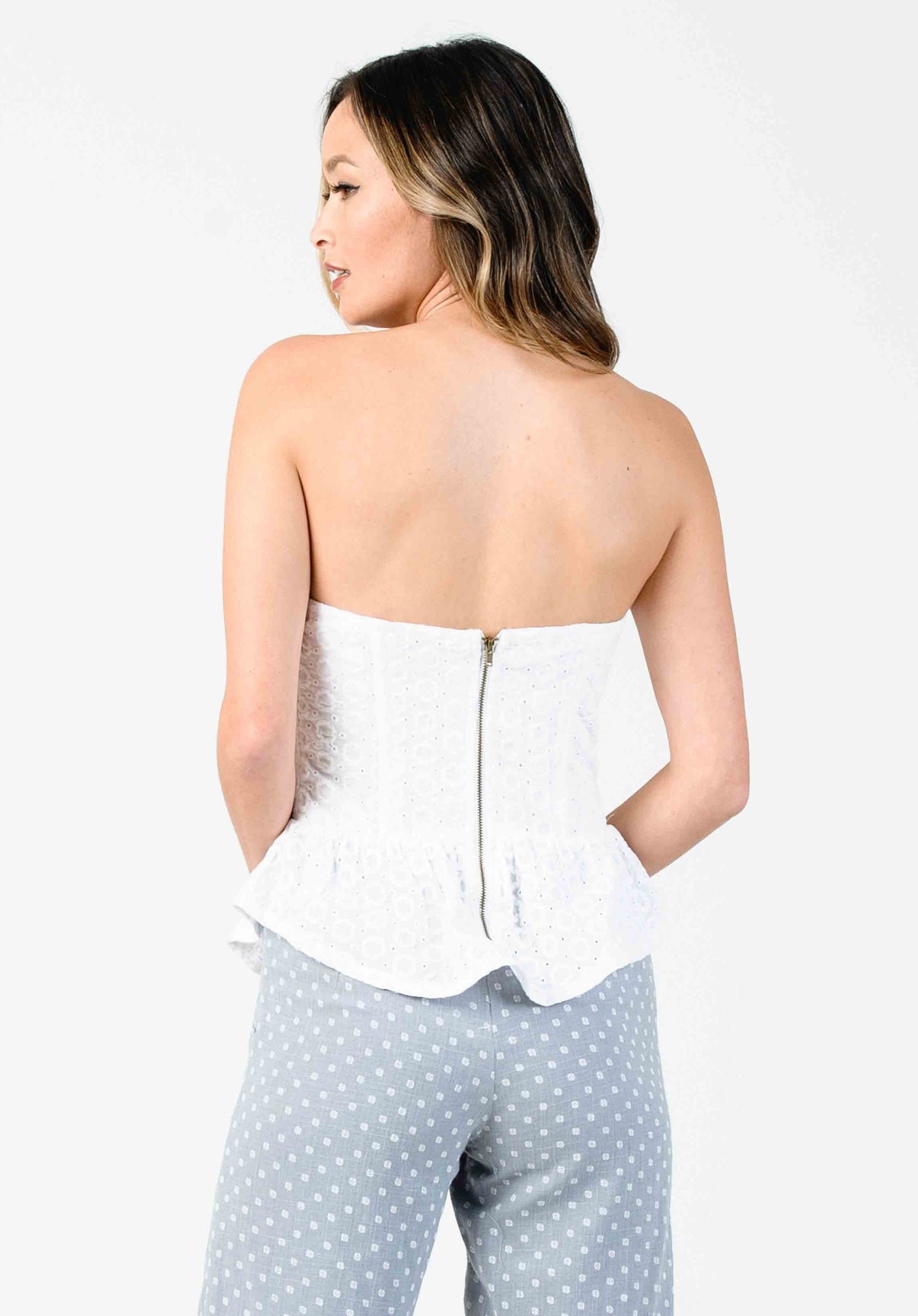 SWEETHEART PEPLUM BUSTIER-WHITE EYELET