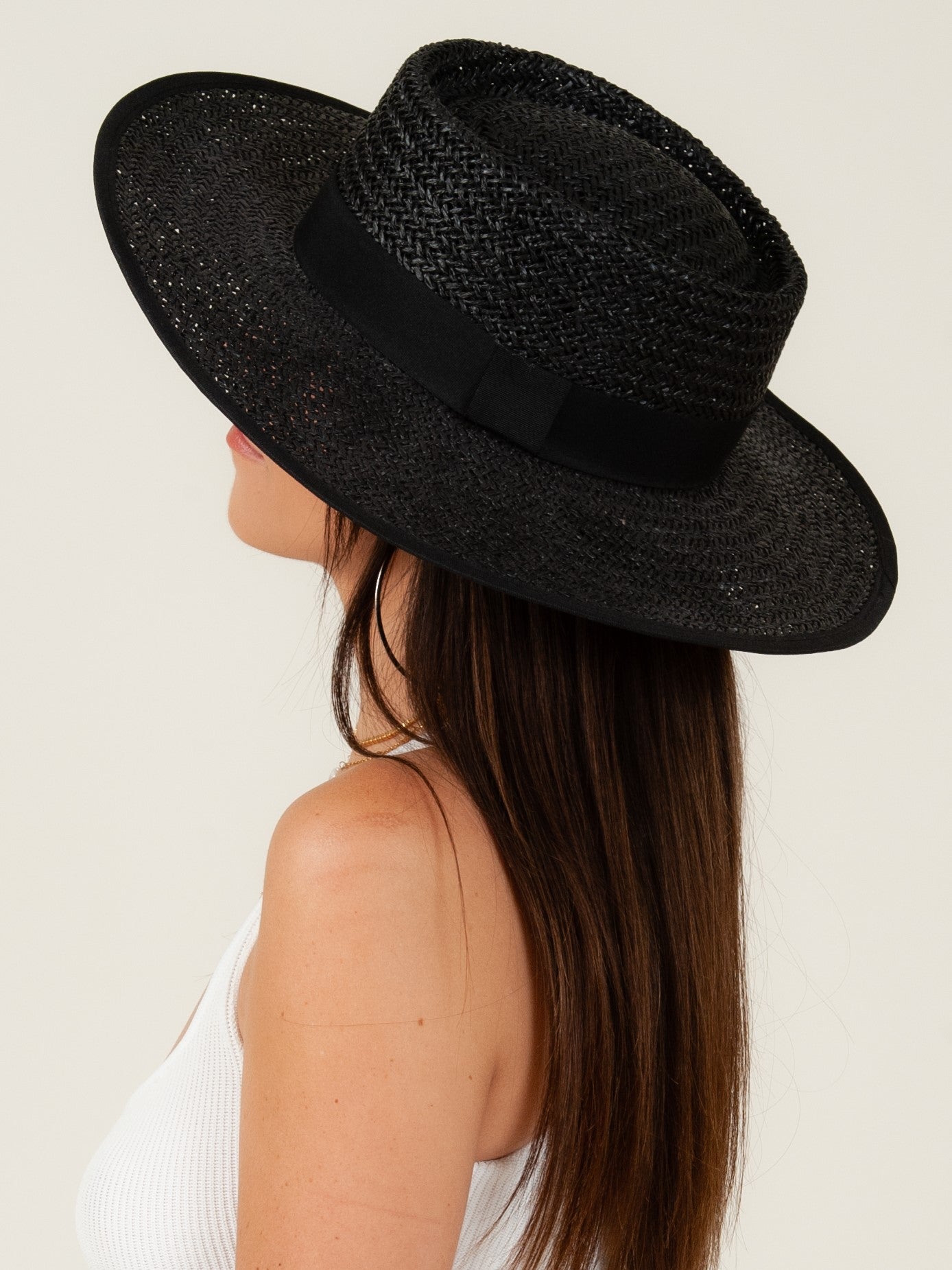 BLACK STRAW BOATER HAT