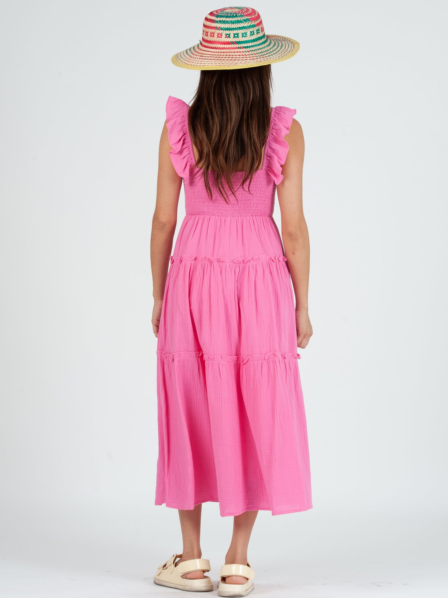 JUDY CRINKLE GAUZE TIERED DRESS-PINK
