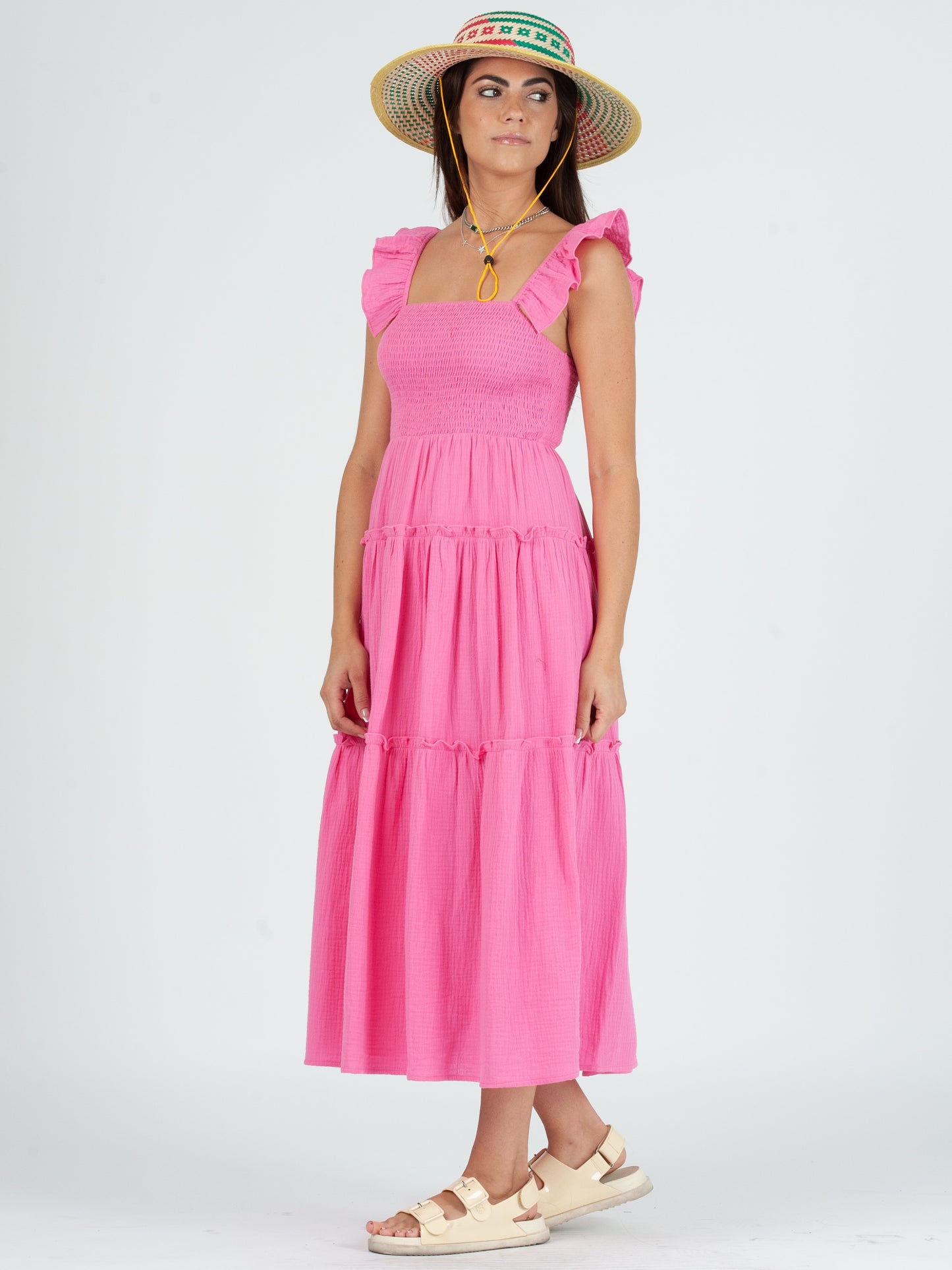JUDY CRINKLE GAUZE TIERED DRESS-PINK
