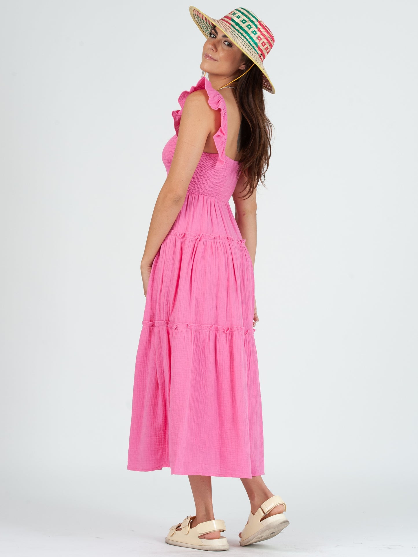 JUDY CRINKLE GAUZE TIERED DRESS-PINK