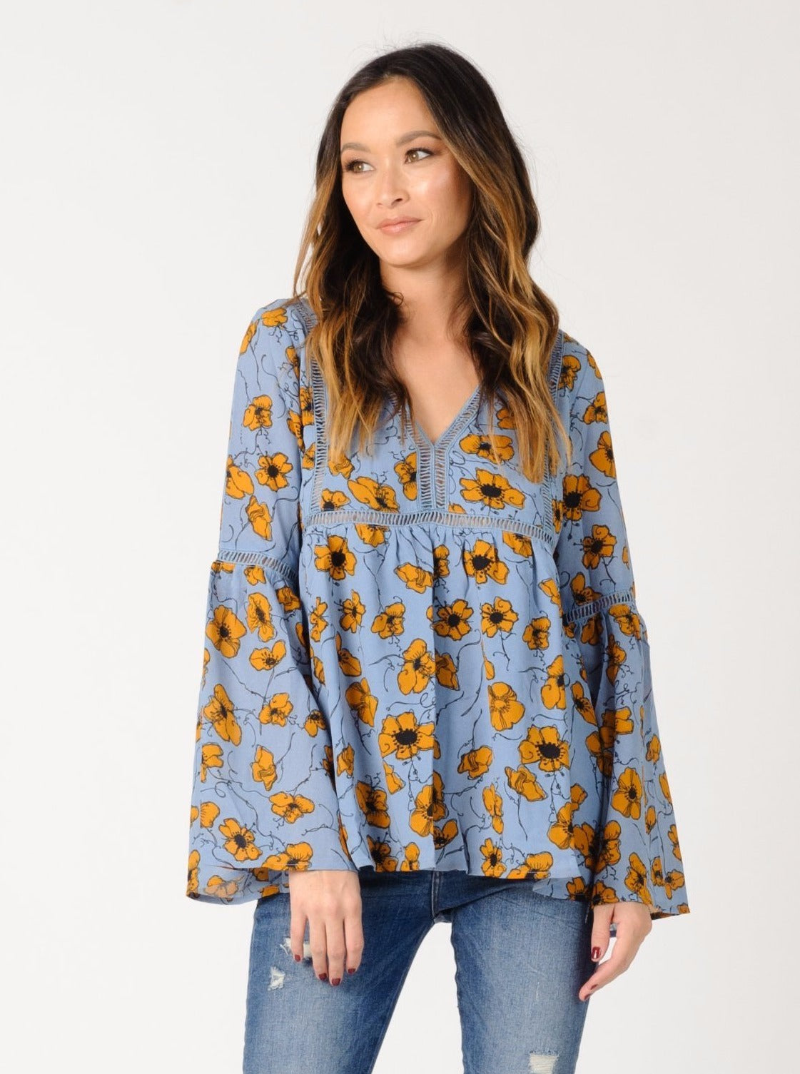 LAURA BELL SLEEVE TOP-BLUE GOLD FLORAL