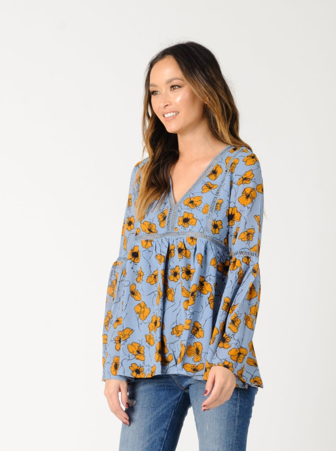 LAURA BELL SLEEVE TOP-BLUE GOLD FLORAL