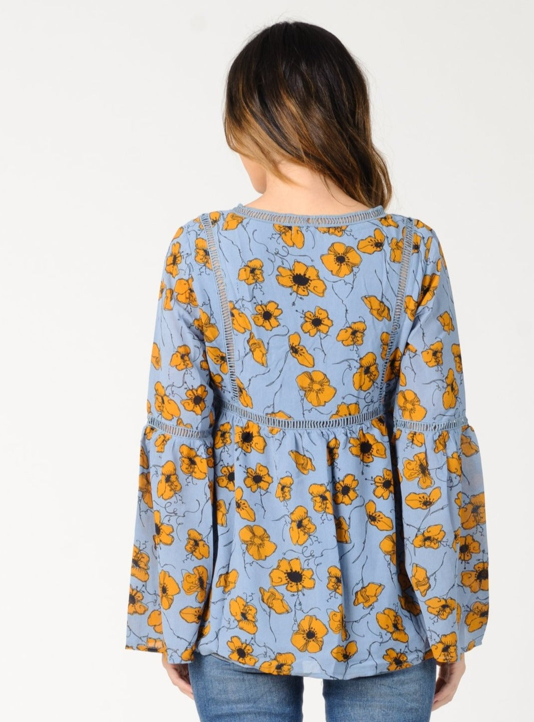 LAURA BELL SLEEVE TOP-BLUE GOLD FLORAL