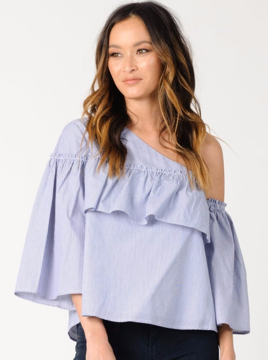 ADELINE RUFFLE TOP-BLUE WHITE STRIPE