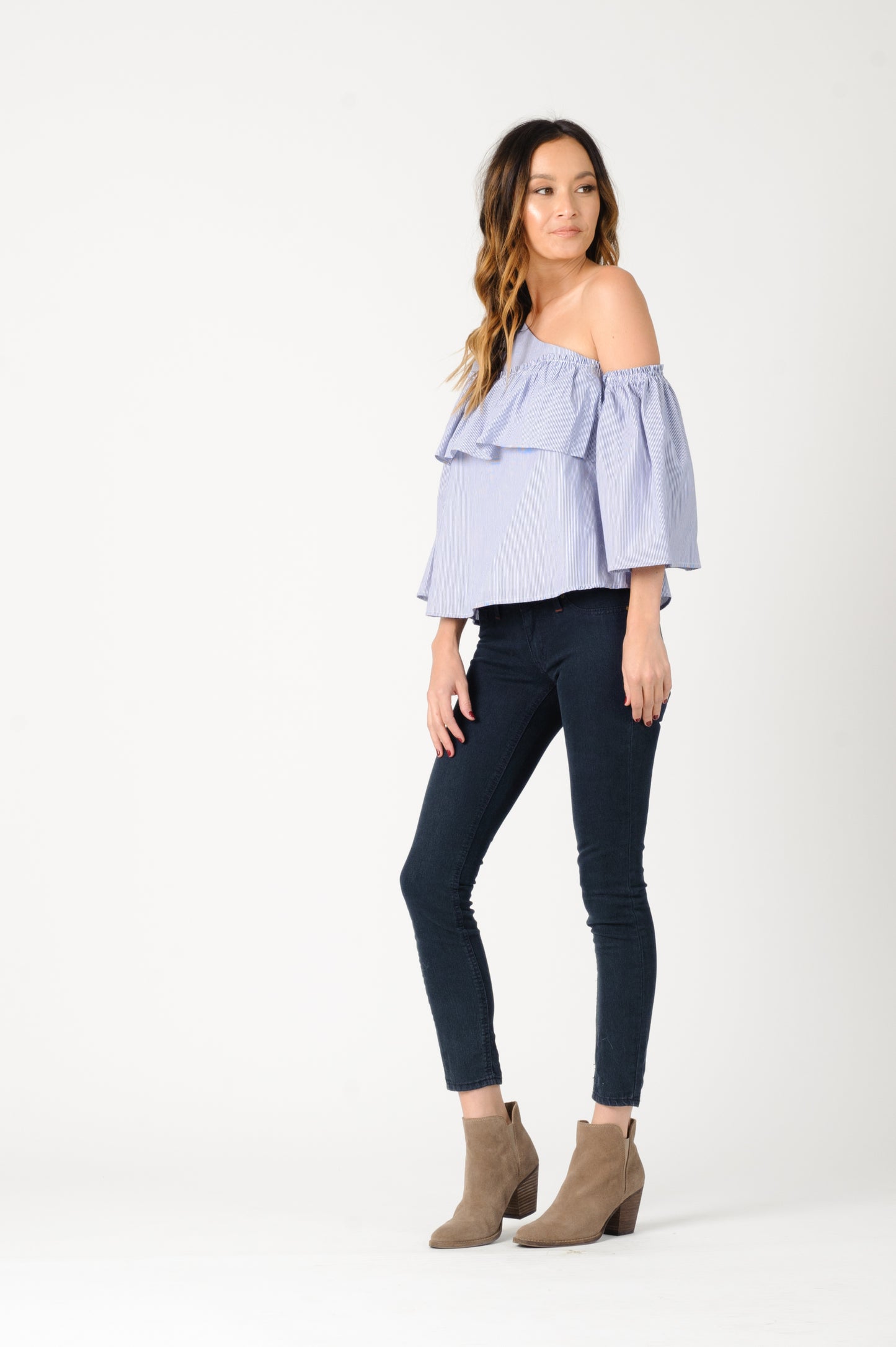 Women's Striped One Shoulder Poplin Blouse