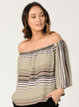 LAUREN OTS FLARE TOP-TAUPE MULTI