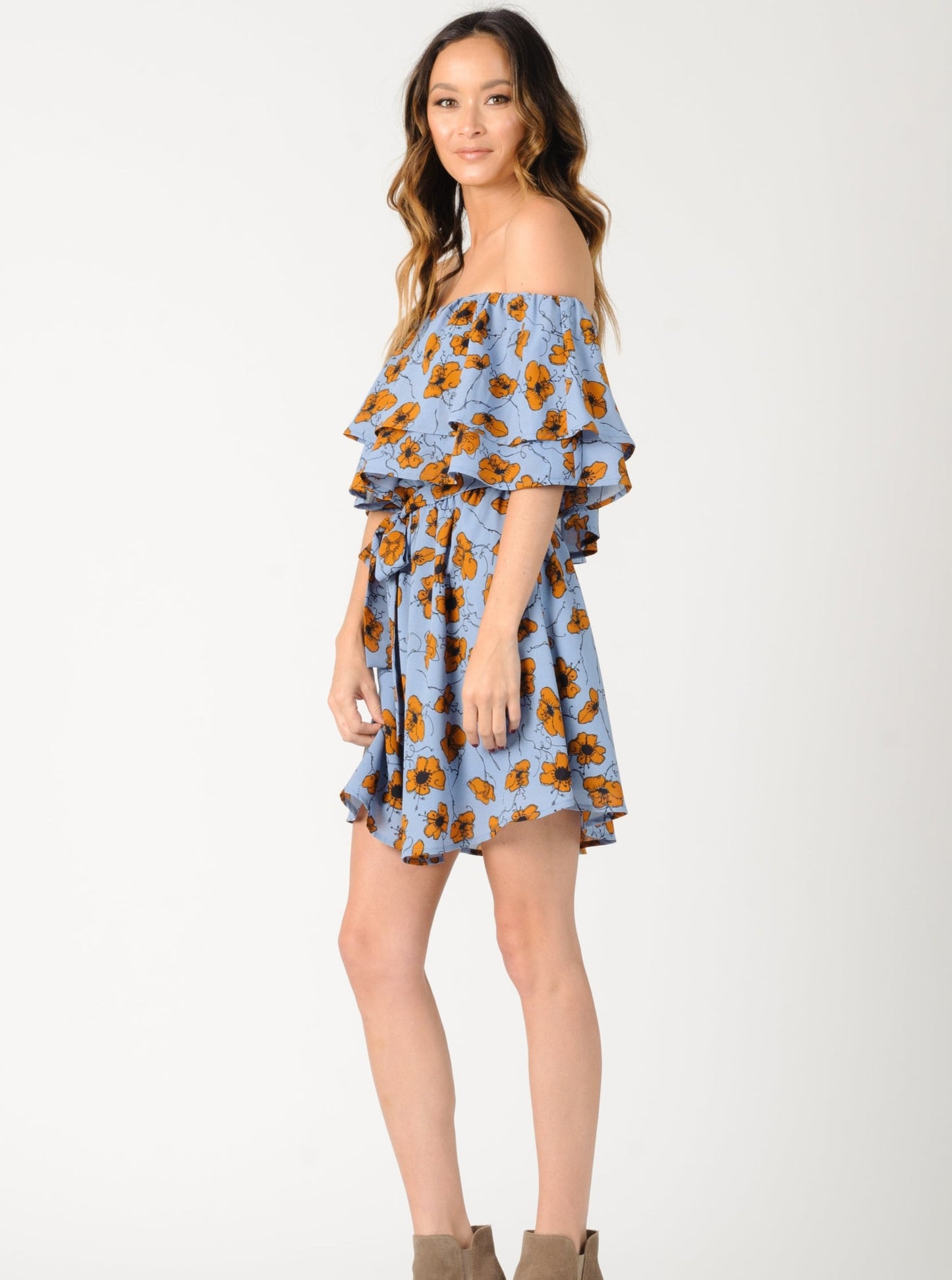 MARYBELLE OFF THE SHOULDER LAYERED DRESS-BLUE/GOLD