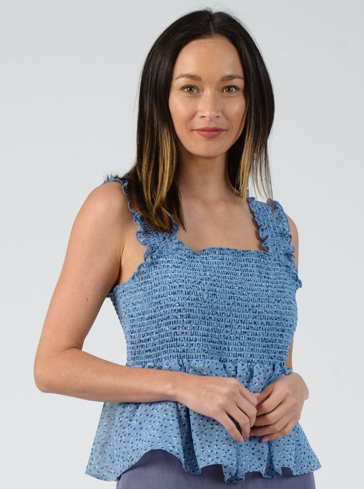 SAPPHIRE SPOTS SMOCKED PEPLUM TOP-SAPPHIRE SPOTS